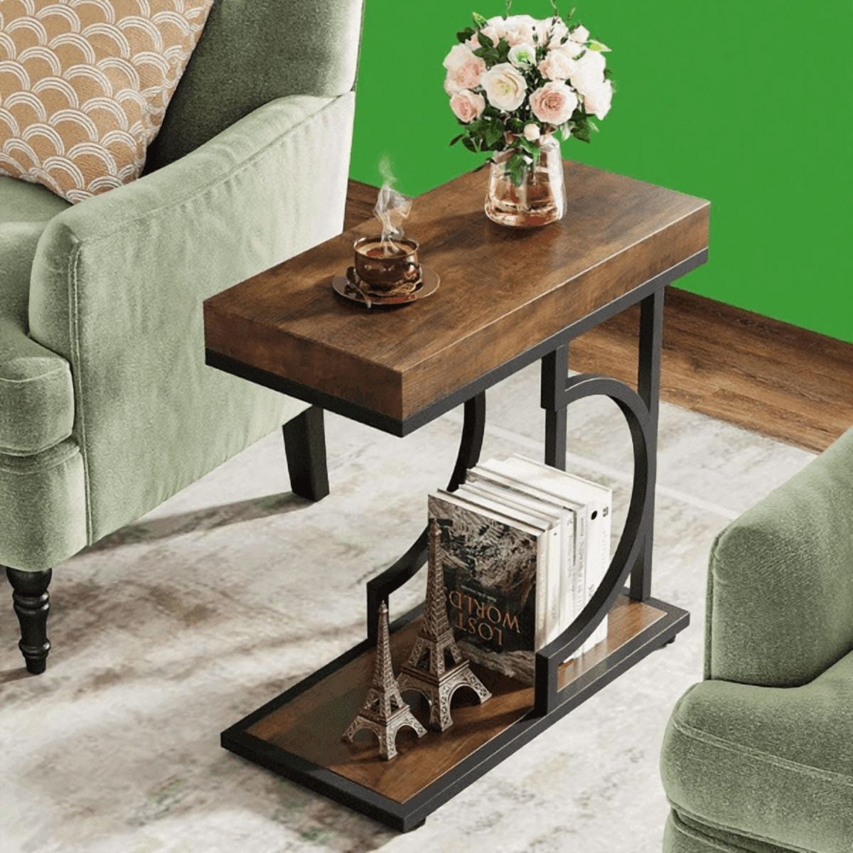 Farmhouse C Table, Semicircular Frame, Sturdy Metal & Particle Board for Living Room/Bedroom/Small Spaces