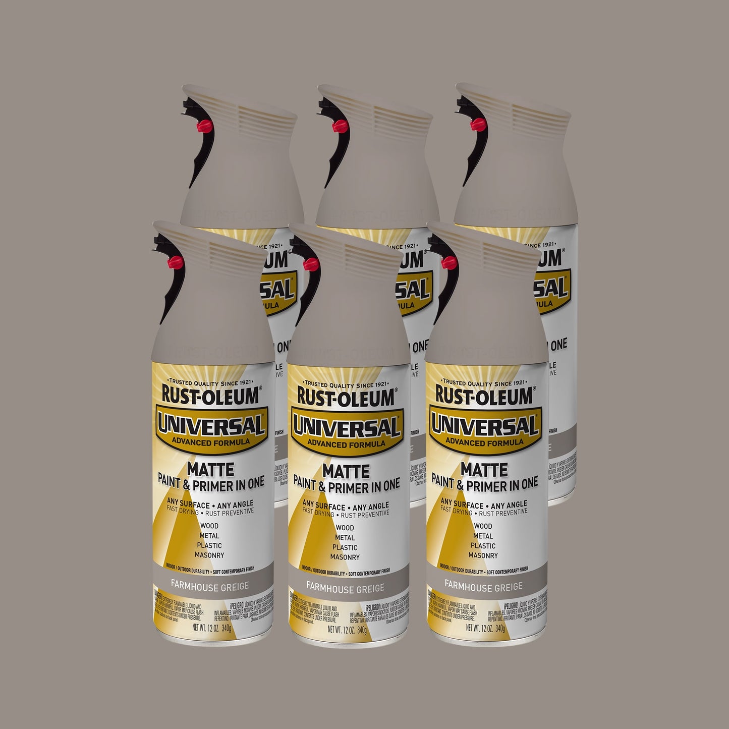 6 Pack, Farmhouse Greige, Rust-Oleum Universal All Surface Interior/Exterior Matte Spray Paint-376724, 11 oz