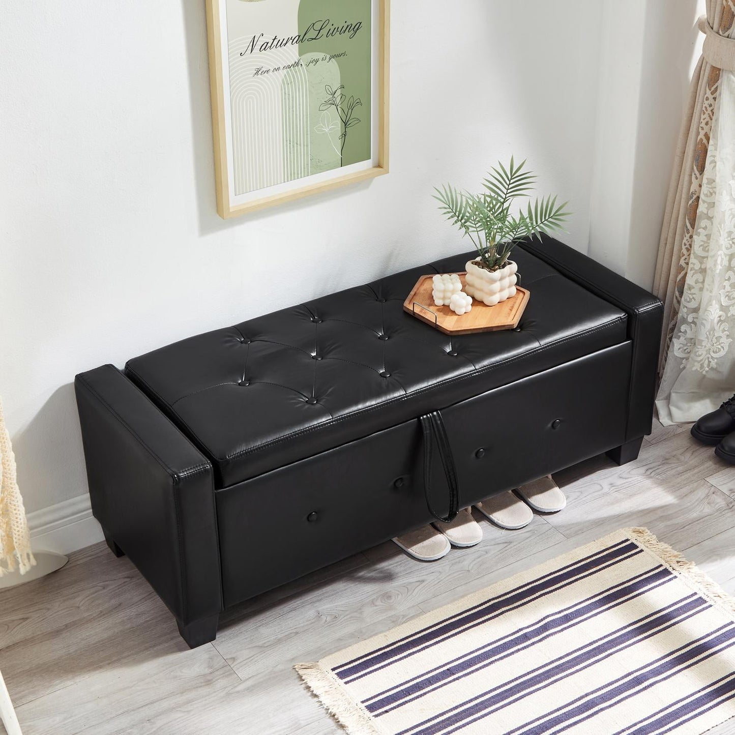 Faux Leather (PU) Storage Ottoman Bench, Features Tufted Upholstery and a Lift-Top for Spacious Hidden Storage, Multi-Purpose Bench for Any Room, Black (48"L x 18.1"W)