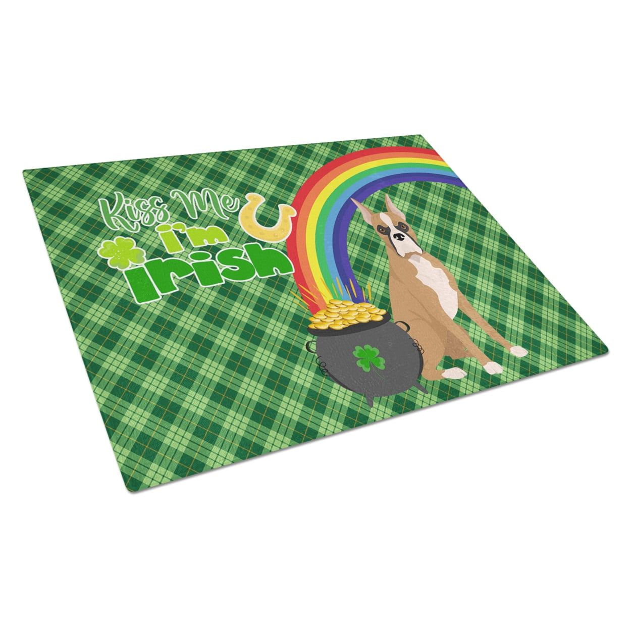Fawn Boxer St. Patrick's Day Glass Cutting Board Large 12 in x 15 in