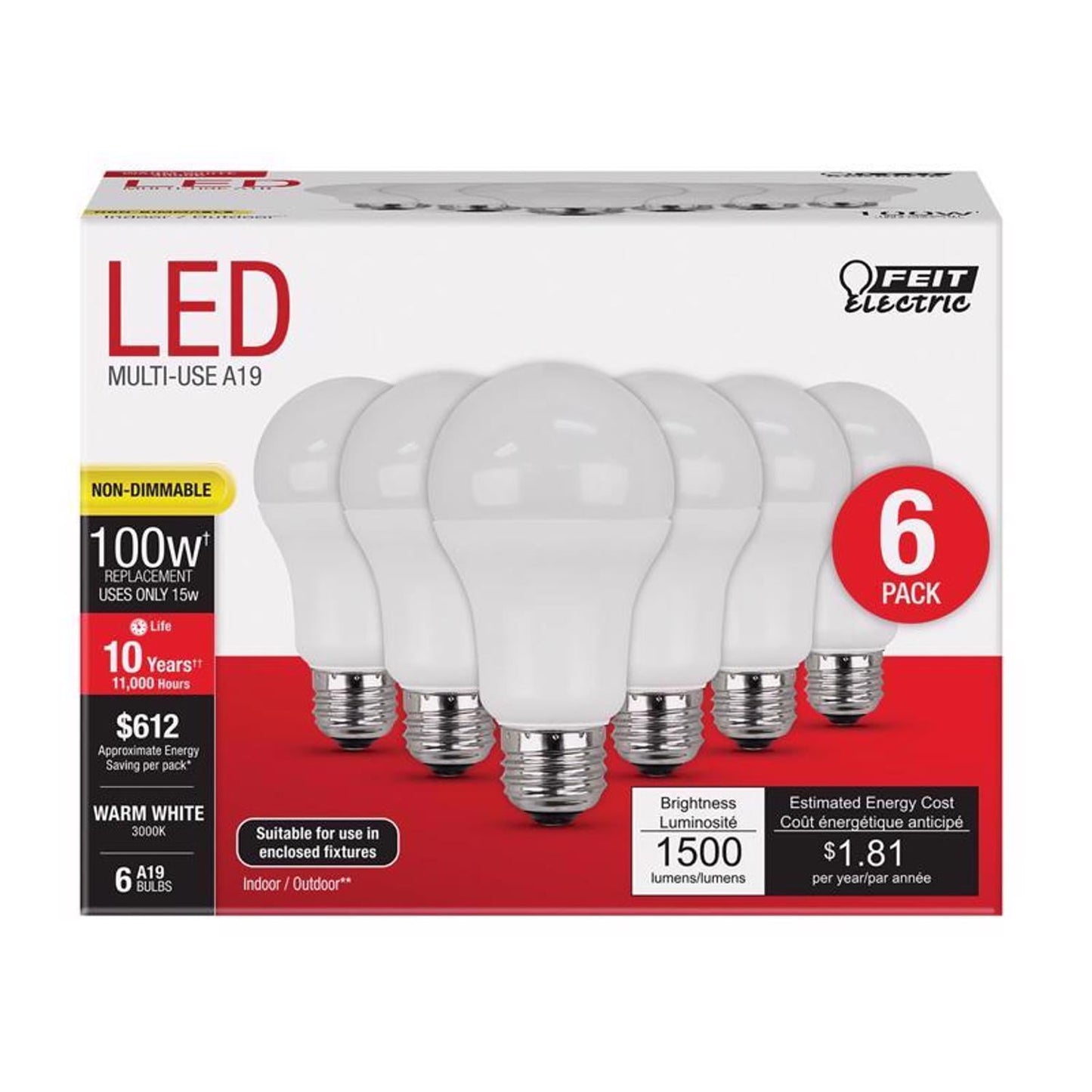 Feit Electric A1600/930/10kled/6 A19 Non-dimmable Led Bulb, White, 16 Watts