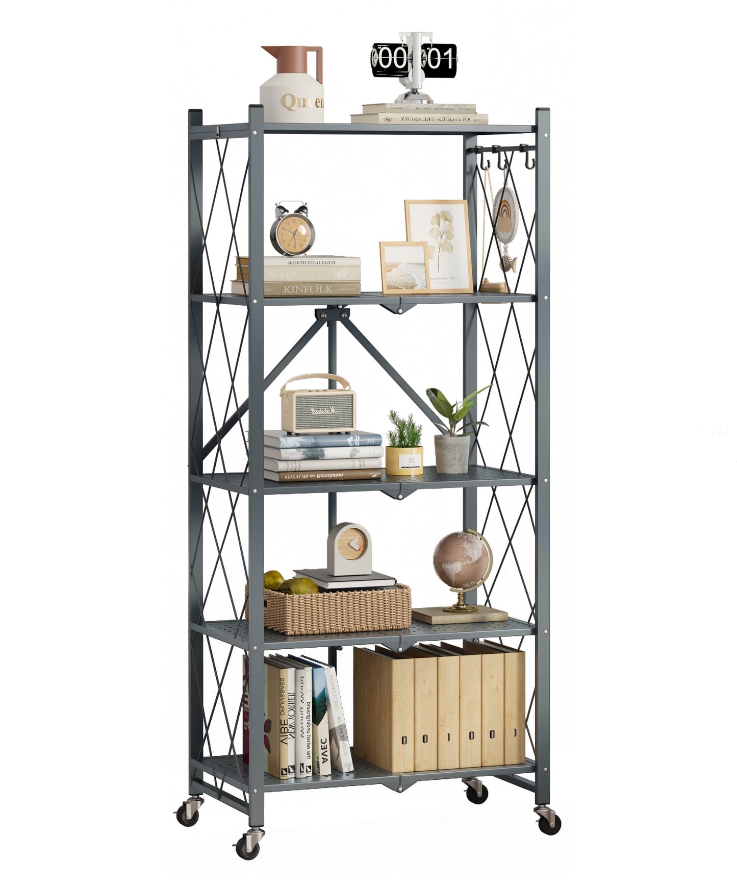 Fenbeli 5-Tier Storage Shelving Unit, Metal Shelf, Foldable Storage Shelf with Wheels, Garage Shelf, Metal Storage Rack with 3 Hooks