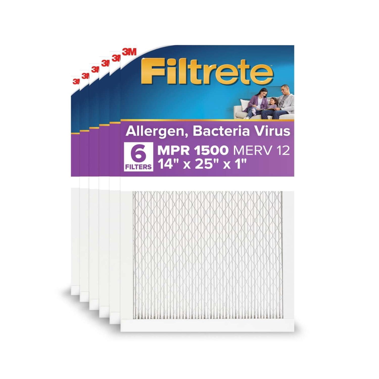 Filtrete 14x25x1 HVAC Furnace Air Filter, MPR 1500 MERV 12, Allergen, Bacteria and Virus, 2 Filters