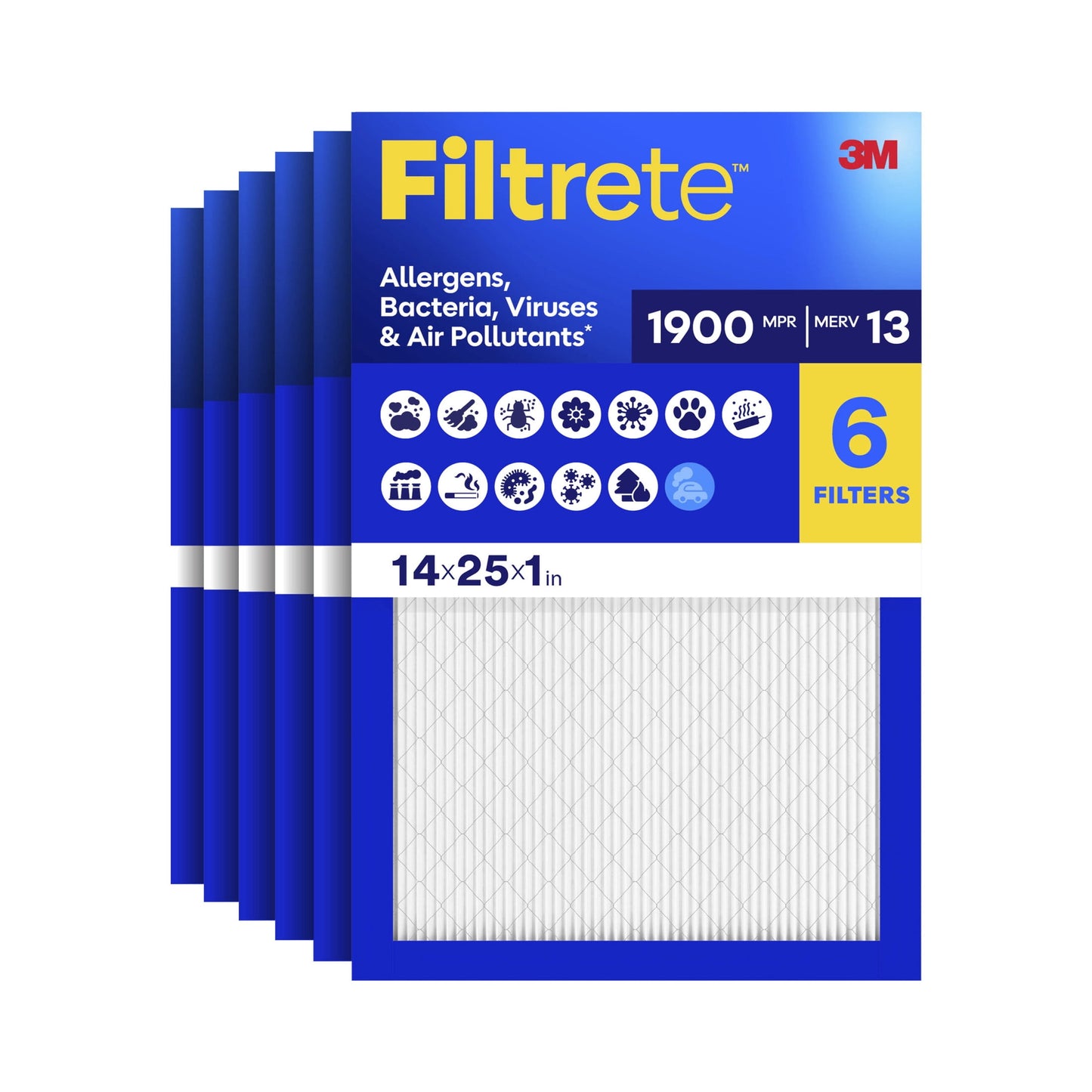 Filtrete 14x25x1 HVAC Furnace Air Filter, MPR 1900 MERV 13, Allergens Bacteria, Viruses & Air Pollutants, 6 Pack