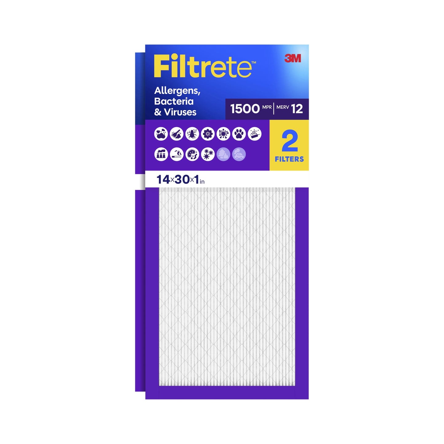 Filtrete 14x30x1 HVAC Furnace Air Filter, MPR 1500 MERV 12, Allergens, Bacteria & Viruses, 2 Pack