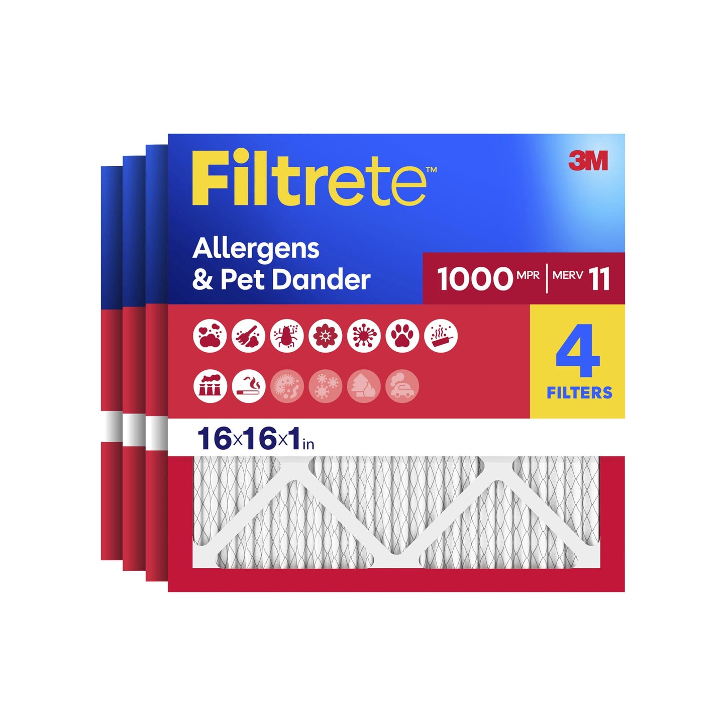 Filtrete 16x16x1 HVAC Furnace Air Filter, MPR 1000 MERV 11, Allergens & Pet Dander, 4 Pack