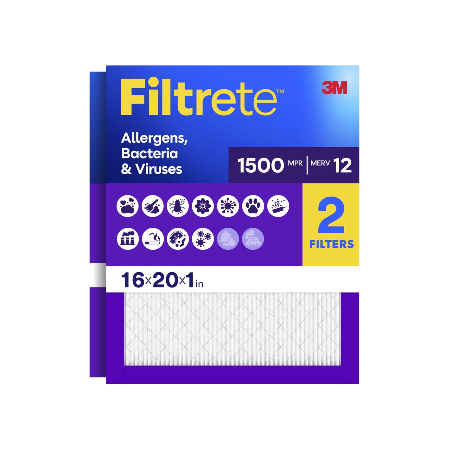 Filtrete 16x20x1 HVAC Furnace Air Filter, MPR 1500 MERV 12, Allergens, Bacteria & Viruses, 2 Pack