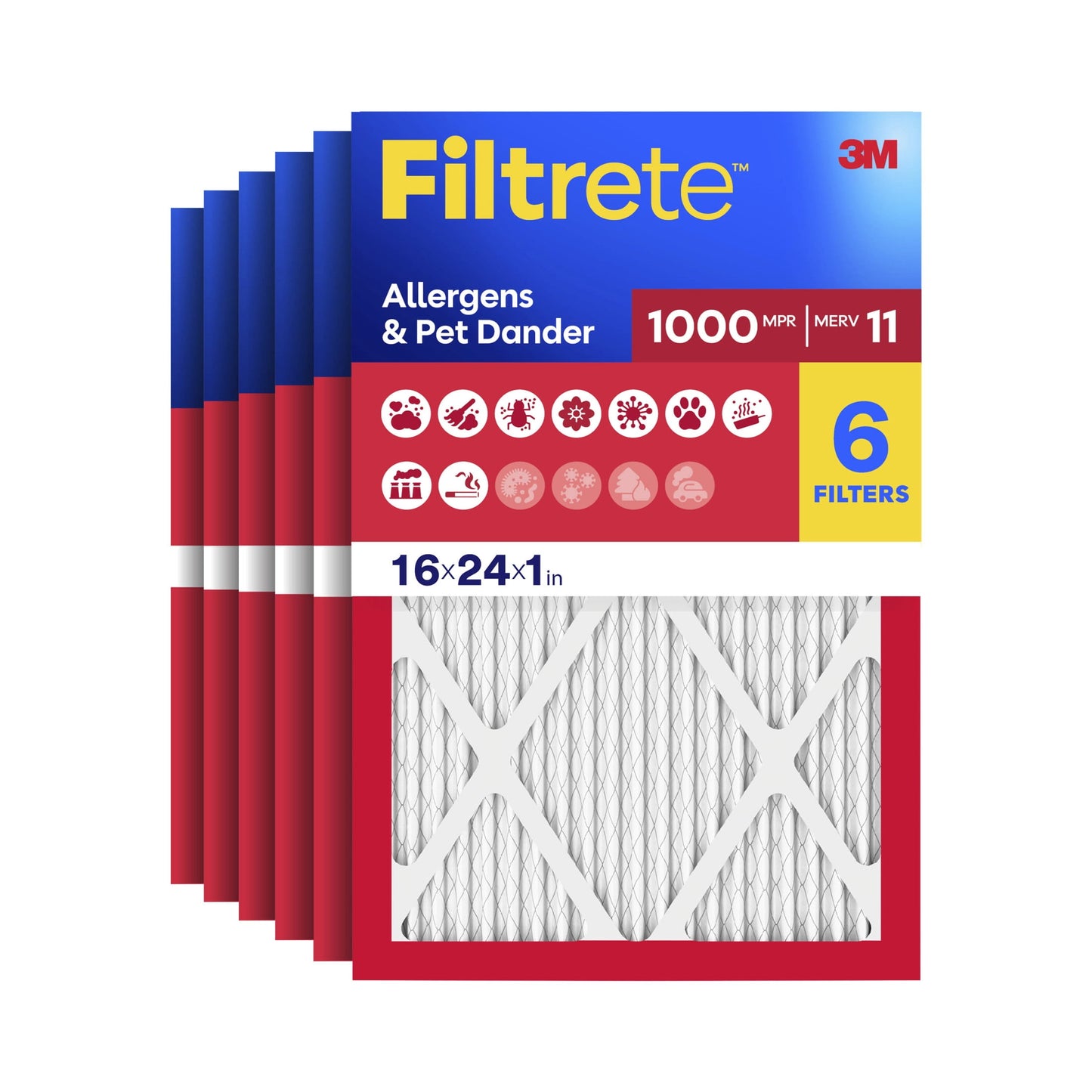 Filtrete 16x24x1 HVAC Furnace Air Filter, MPR 1000 MERV 11, Allergens & Pet Dander, 6 Pack
