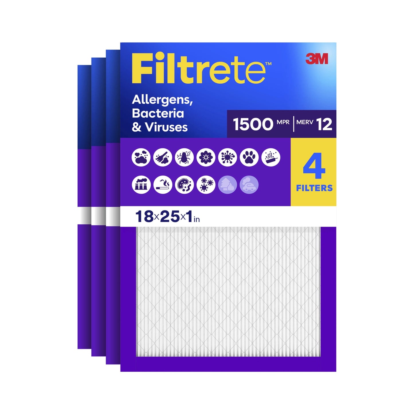Filtrete 18x25x1 HVAC Furnace Air Filter, MPR 1500 MERV 12, Allergens, Bacteria & Viruses, 4 Pack