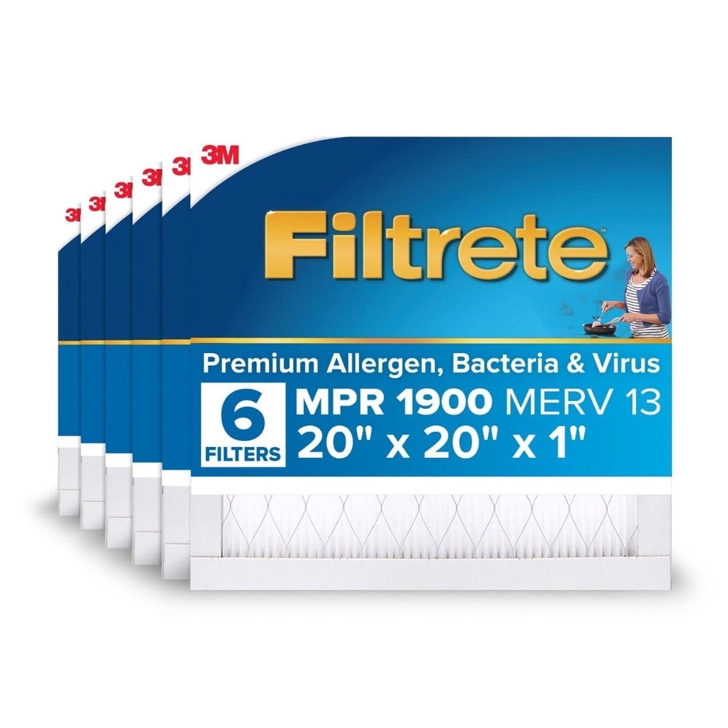 Filtrete 20x20x1 HVAC Furnace Air Filter, MPR 1900 MERV 13, Premium Allergen, Bacteria and Virus, 6 Pack