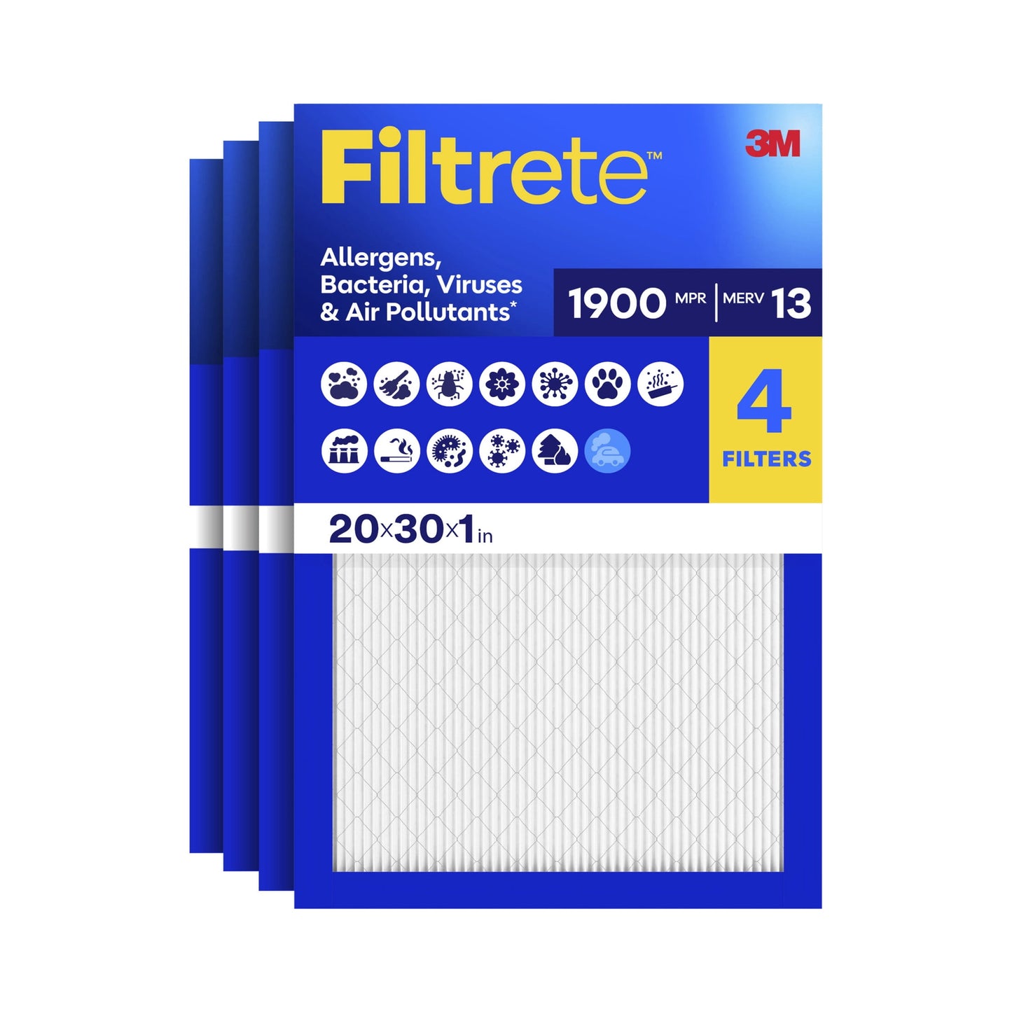 Filtrete 20x30x1 HVAC Furnace Air Filter, MPR 1900 MERV 13, Allergens Bacteria, Viruses & Air Pollutants, 4 Pack