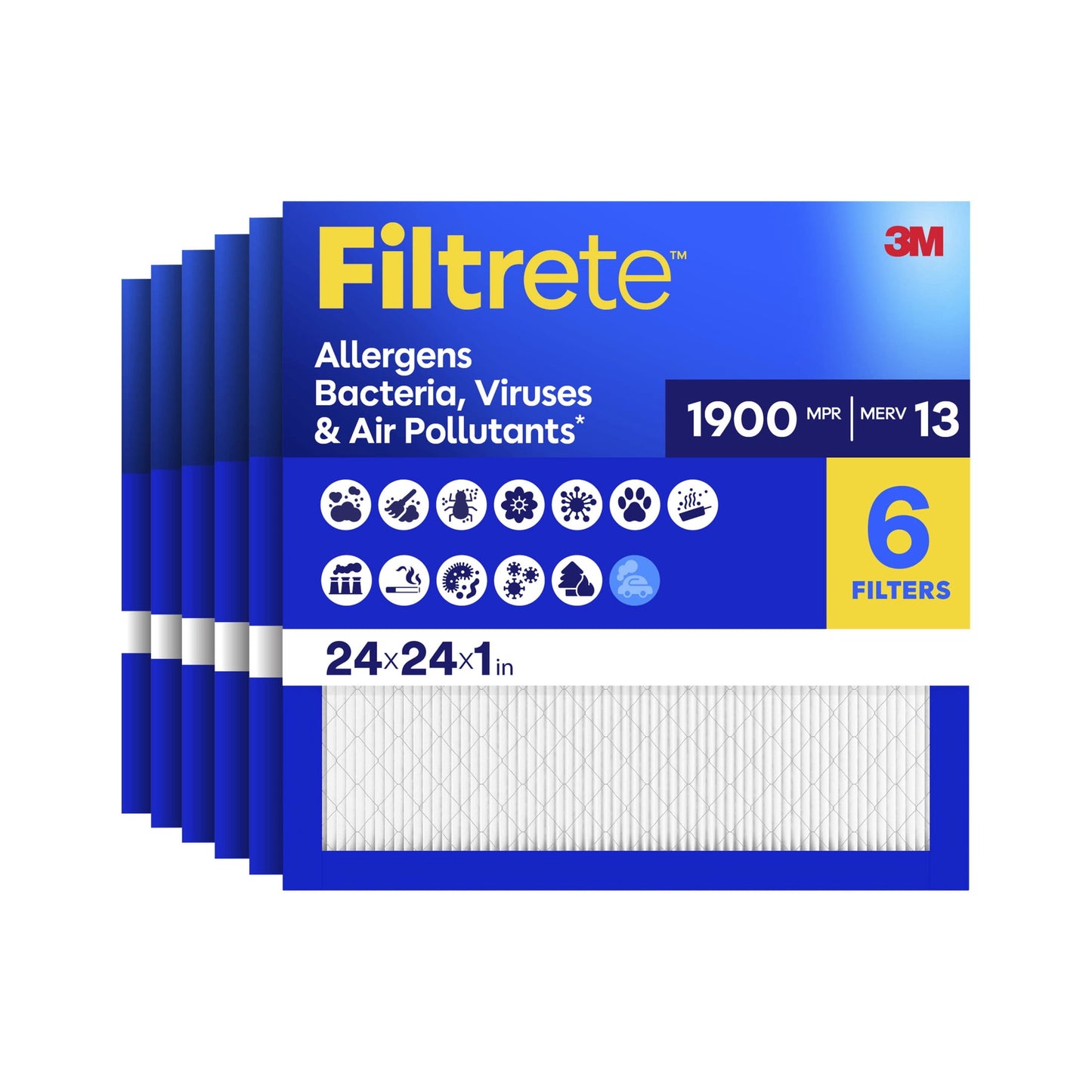 Filtrete 24x24x1 HVAC Furnace Air Filter, MPR 1900 MERV 13, Allergens Bacteria, Viruses & Air Pollutants, 6 Pack