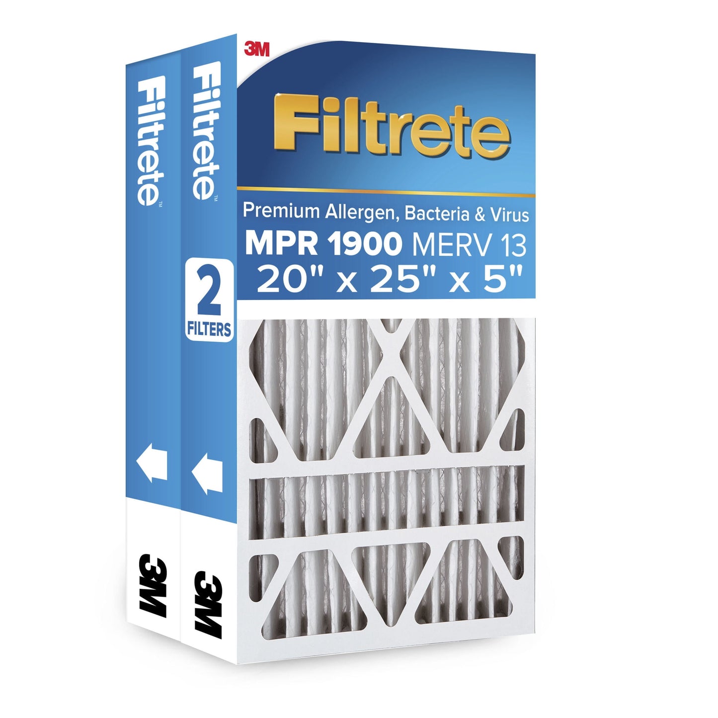 Filtrete 20x25x5 HVAC Furnace Air Filter, MPR 1900 MERV 13, Premium Allergen, Bacteria & Virus, 2 Pack