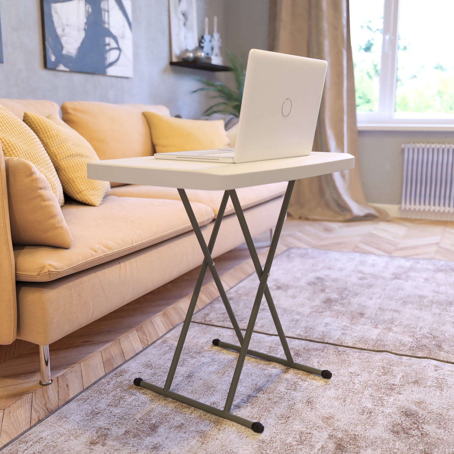 Flash Furniture 26 Inch Granite White Indoor/Outdoor Plastic Folding Table, Adjustable Height Commercial Grade Side Table, Laptop Table, TV Tray