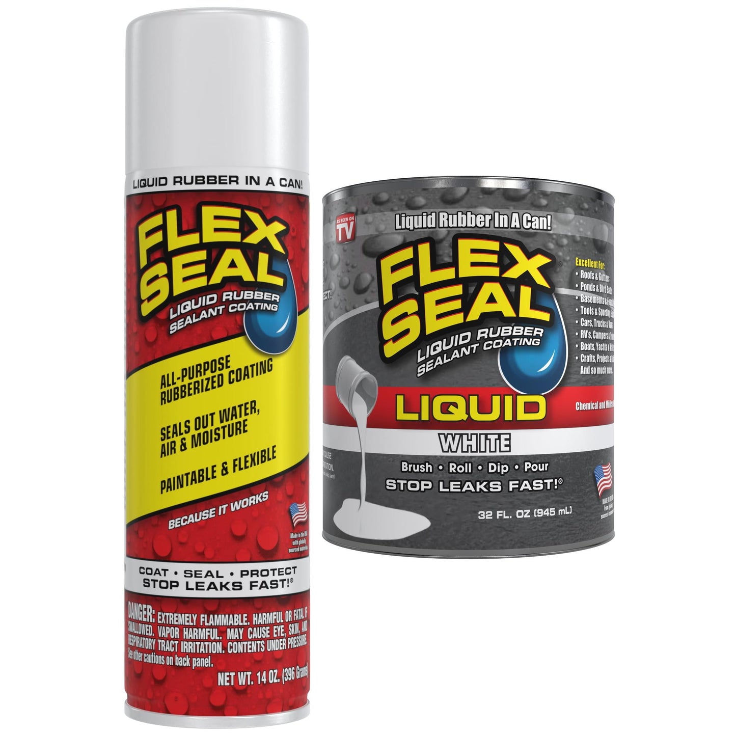 Flex Seal White Aerosol 14 oz & 32 oz White Liquid Rubber Sealant
