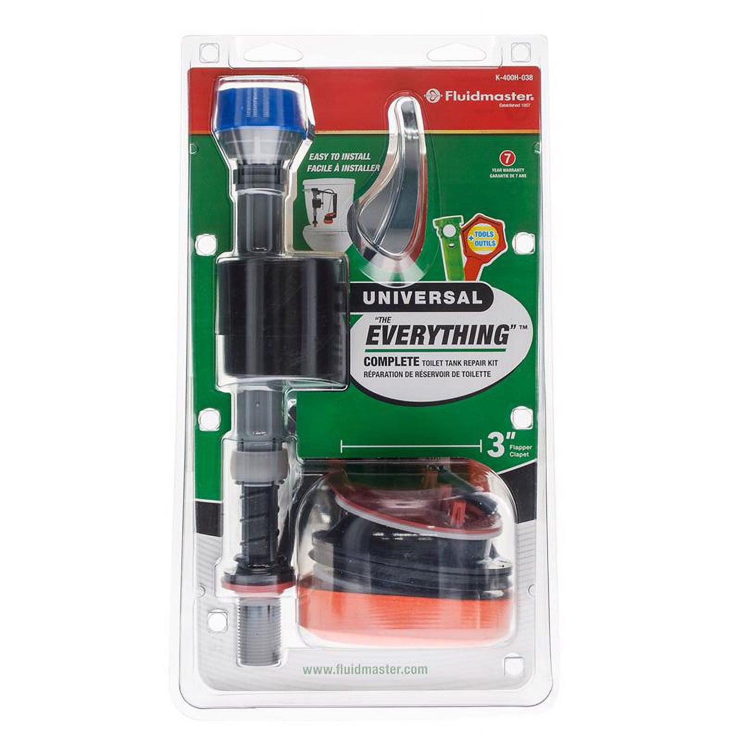 Fluidmaster K-400H-038-T2 Universal High-Performance Toilet Tank Repair Kit, 3 Inch, White Finish