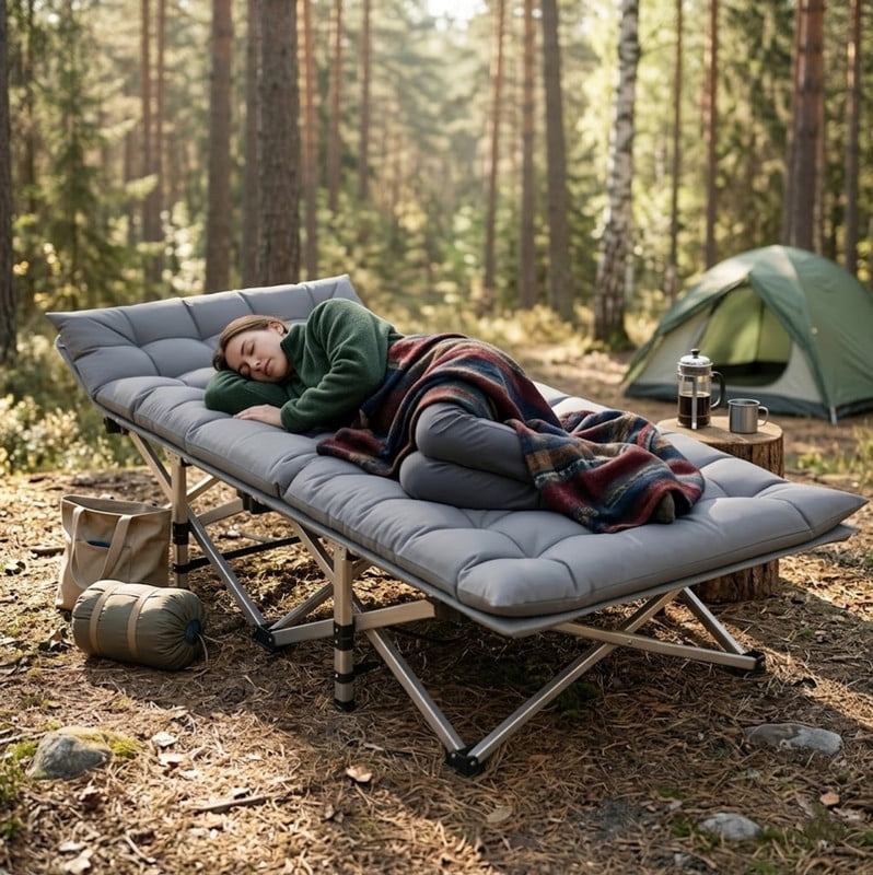 Folding Outdoor Camping Bed with Mattress, Portable Folding Camping Cot, Heavy-Duty Sleeping Bed with Storage Bag for Travel and Leisure