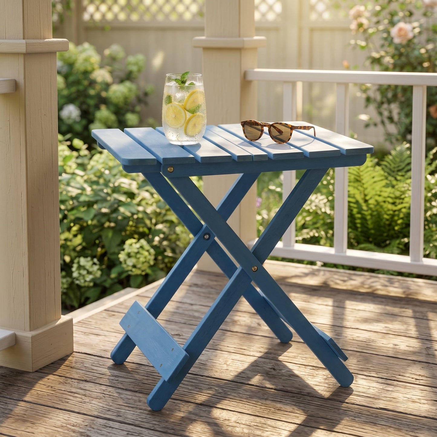 Folding Square Solid Wood Outdoor Table with X-Shaped Frame, Portable Patio Side Table and Picnic Table for Backyard, Blue