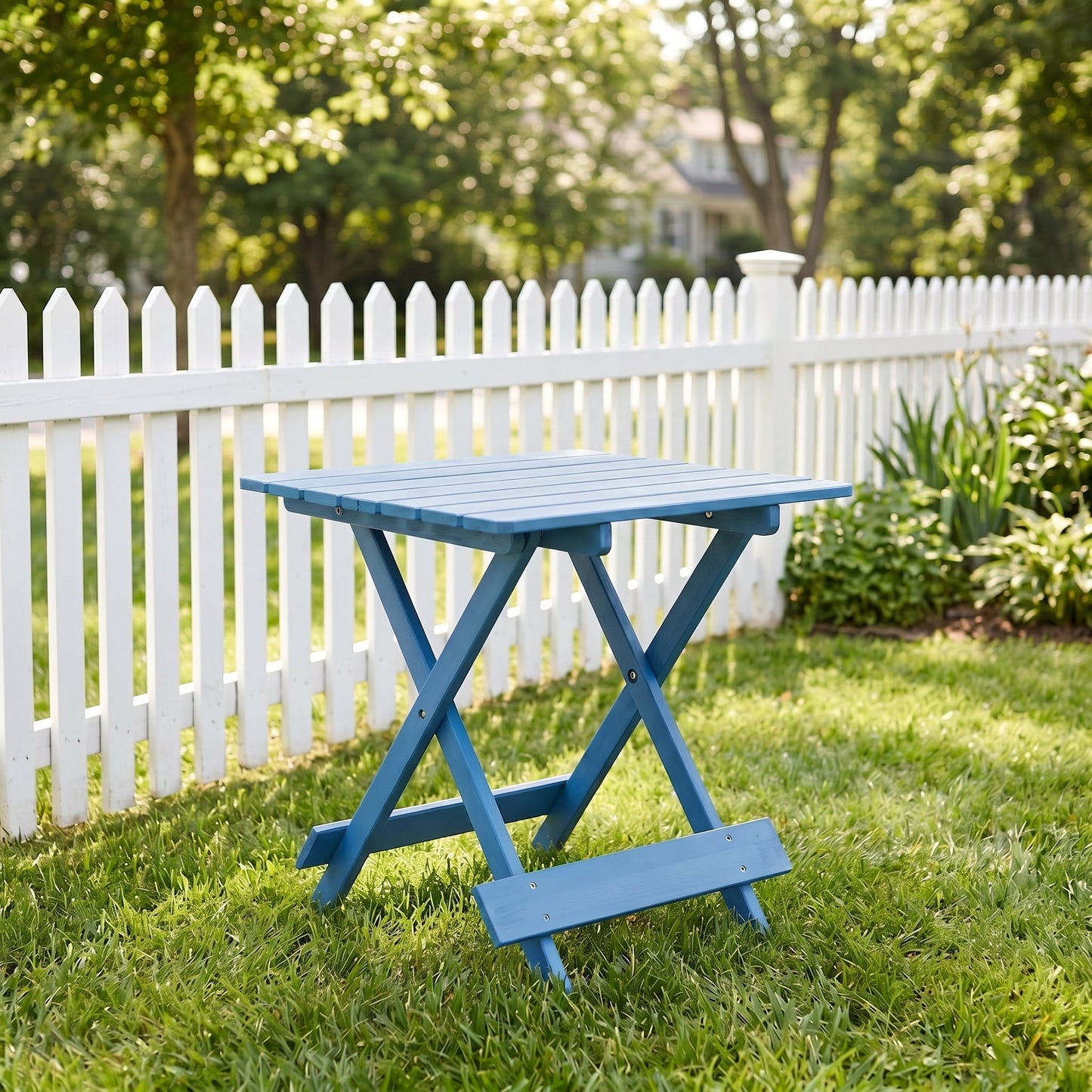 Folding Square Table, Solid Wood Portable Space Saving Outdoor Table for Backyard Balcony Garden Camping Party, Blue