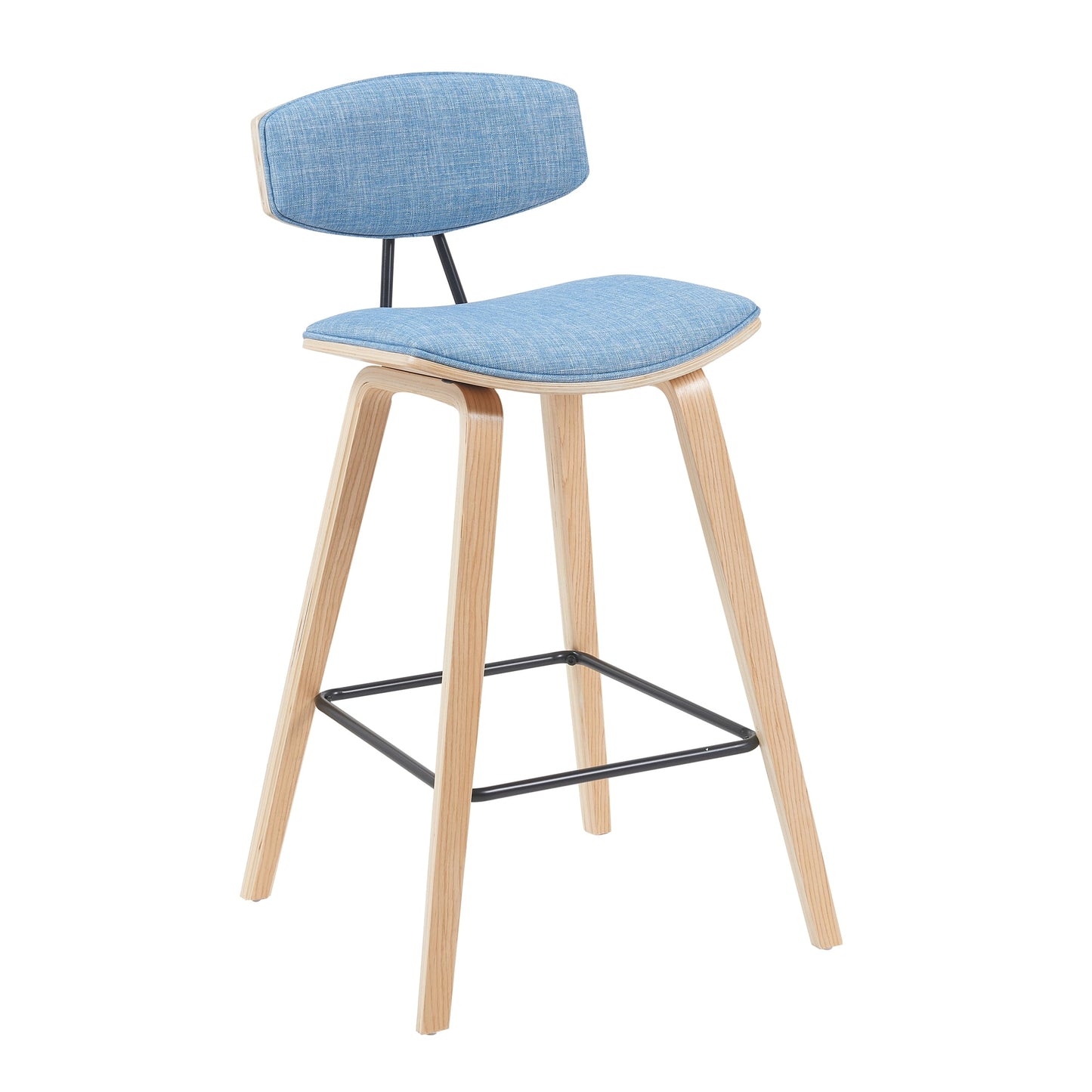 Fox Modern Swivel Counter Height Bar Stool with Light Blue Upholstered Seat and Patterned Oak Wood Frame