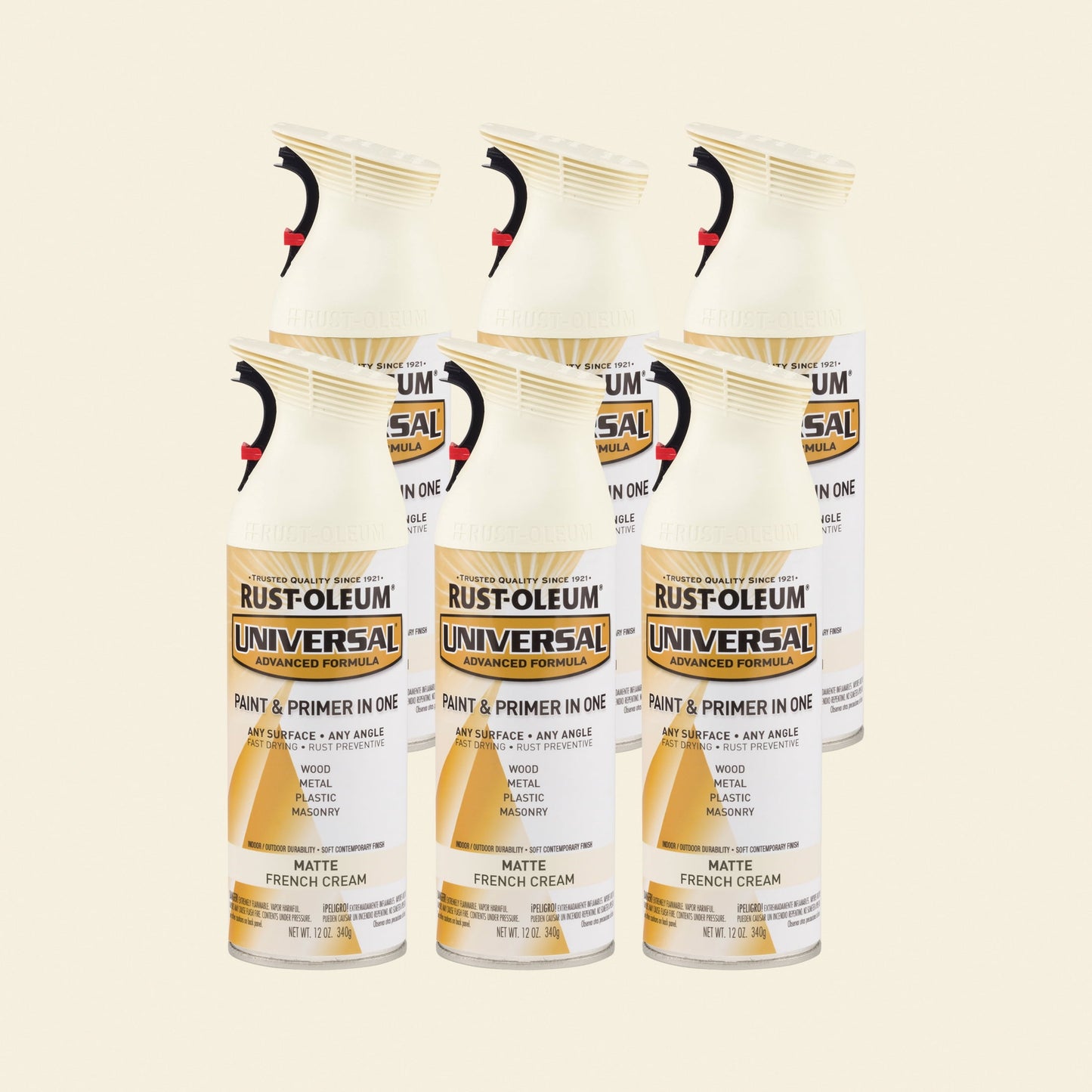 6 Pack, French Cream, Rust-Oleum Universal All Surface Interior/Exterior Matte Spray Paint-282816, 12 oz