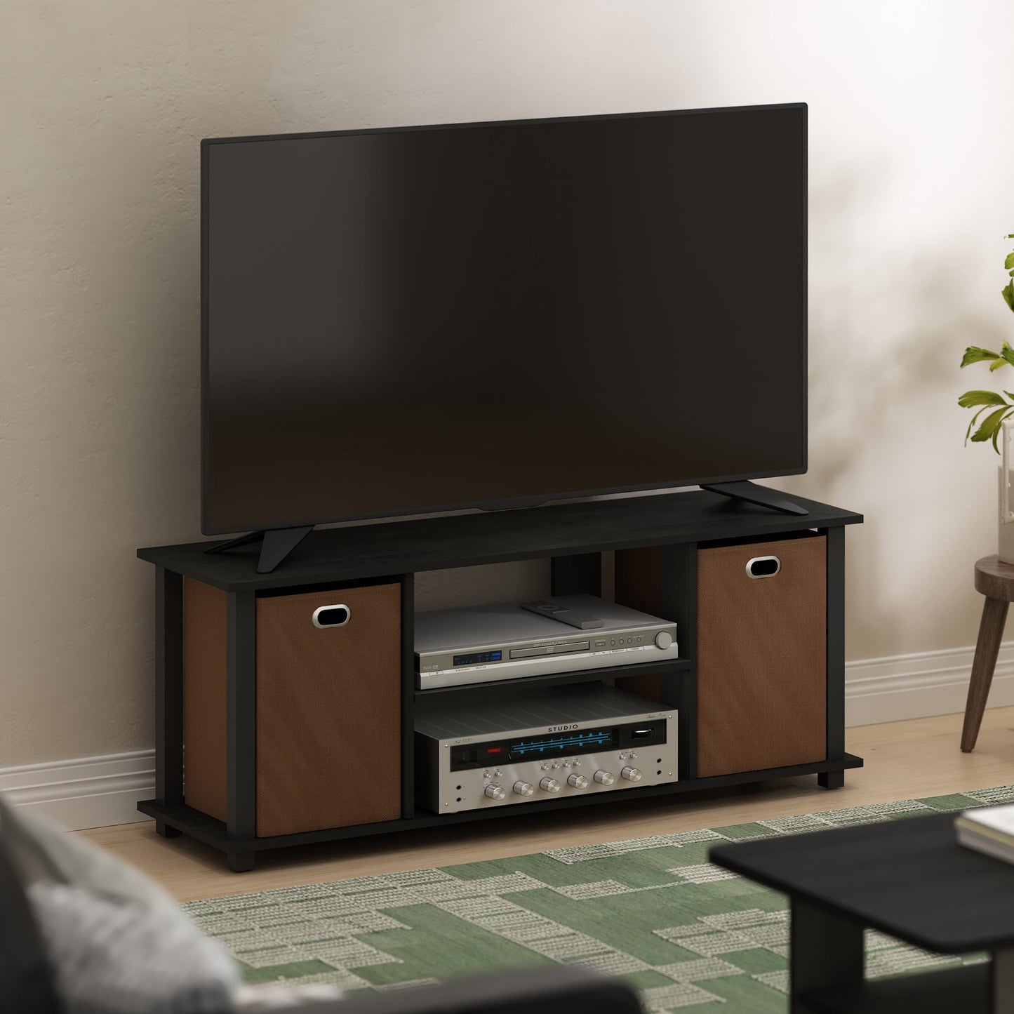 Furinno 13054AM-BK-MBR Econ Entertainment Center with & Storage Bins, Americano & Black & Medium Brown