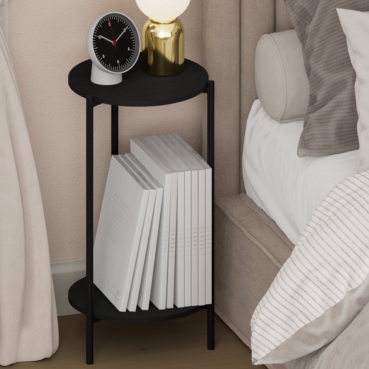 Furinno BESI 2-Tier Tall Metal Legs Round Open Shelf Nightstand Americano