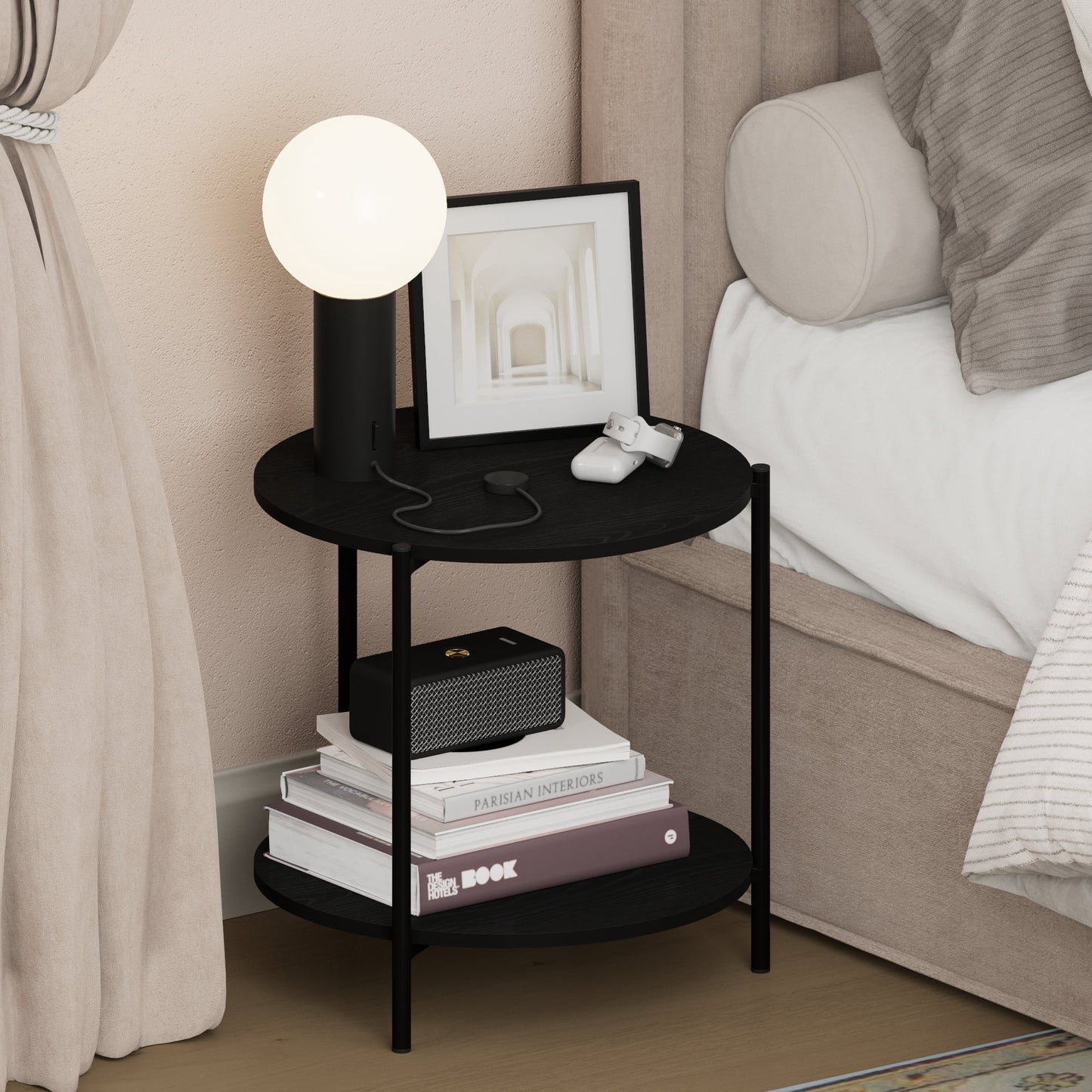 Furinno BESI 2-Tier Wide Round Nightstand Metal Legs/Frame End Table Americano