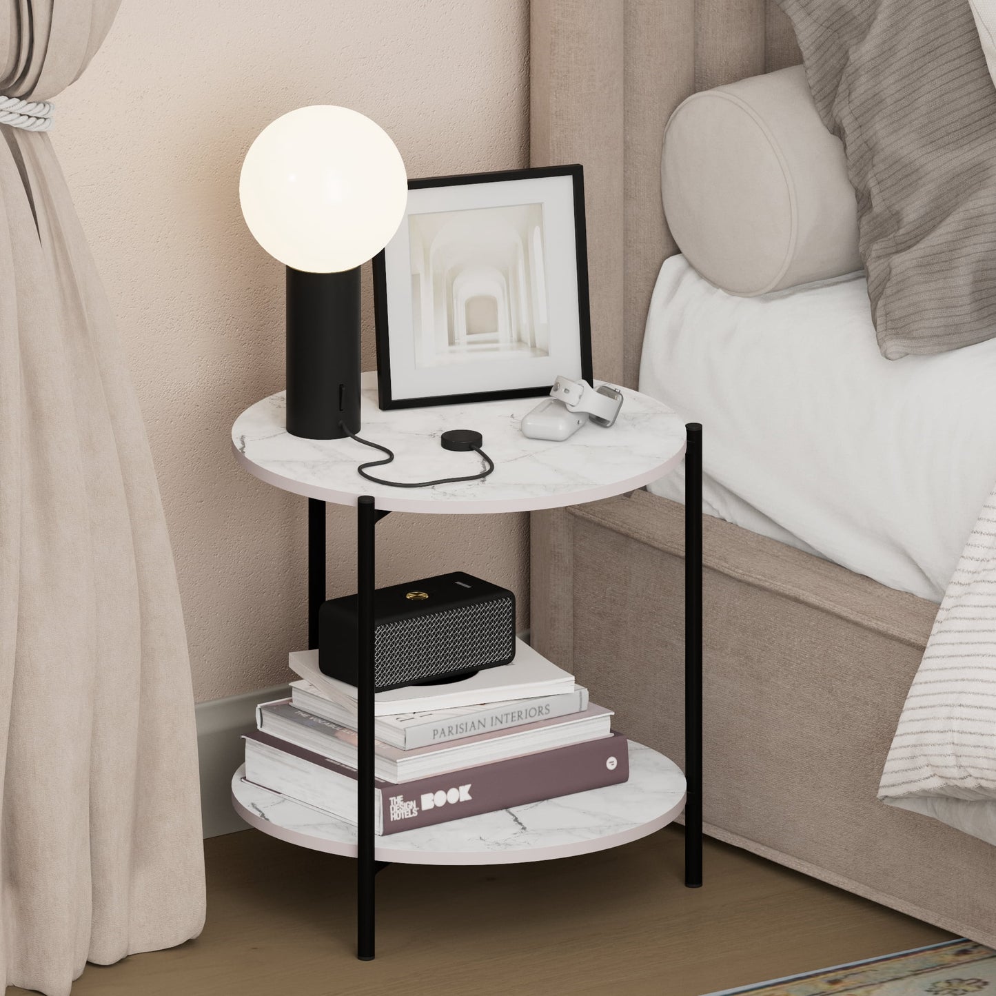 Furinno BESI 2-Tier Wide Round Nightstand Metal Legs/Frame EndTable Marble White