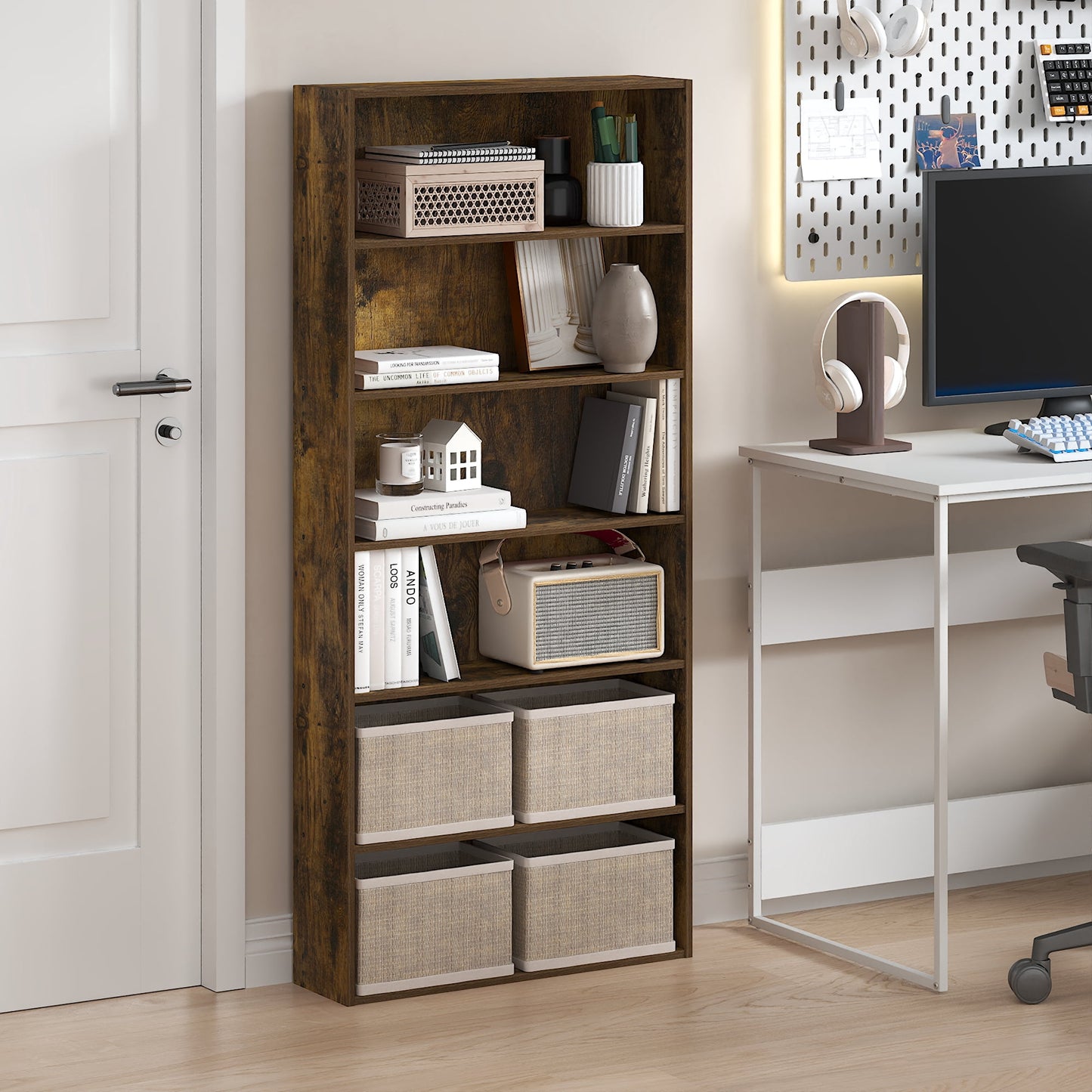 Furinno BASIC 6-Tier Open Shelf Bookcase 7 x 24 x 53inches in Amber Pine