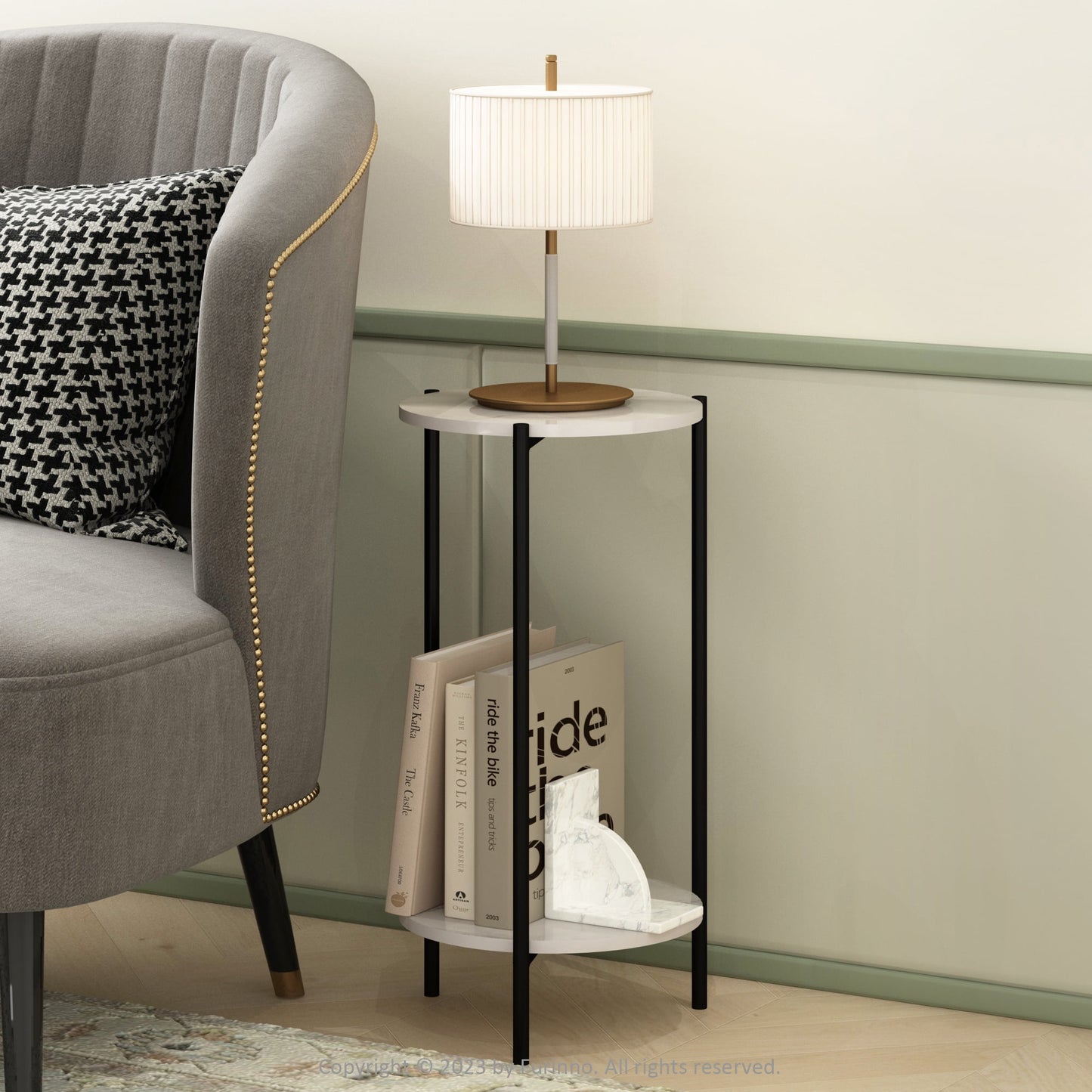 Furinno Besi 2-Tier Modern Tall Round Side End Table with Sturdy Metal Legs, Marble White