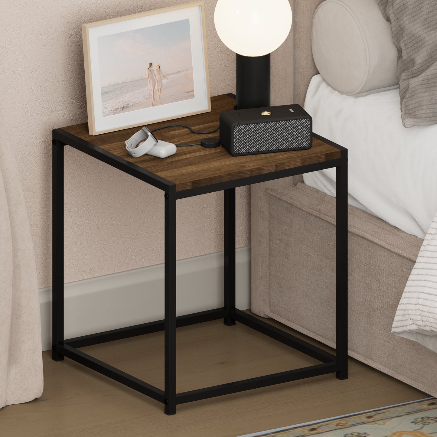 Furinno CAMNUS Metal Frame Nightstand Toolless Side/End Table Columbia Walnut