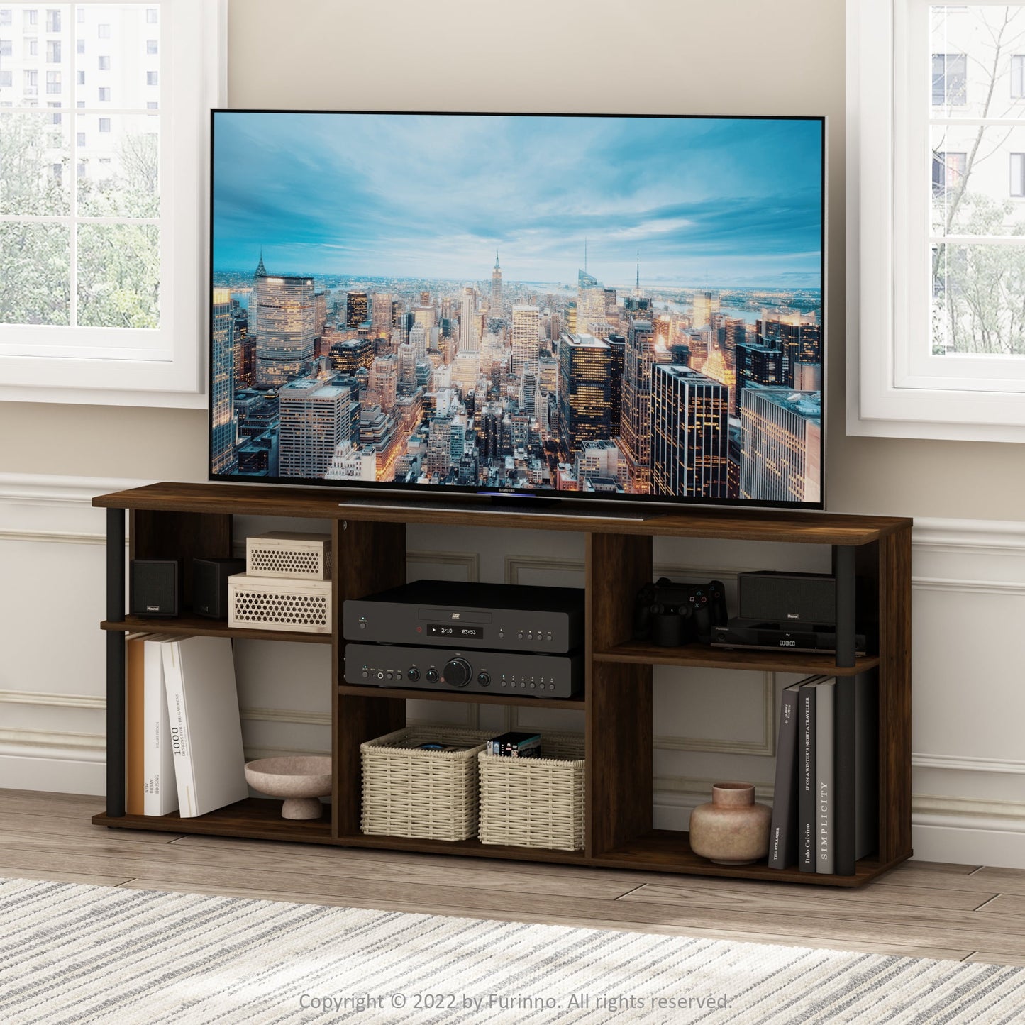 Furinno CLASSIC TV Stand with Plastic Poles for TV up to Amber Pine/Black