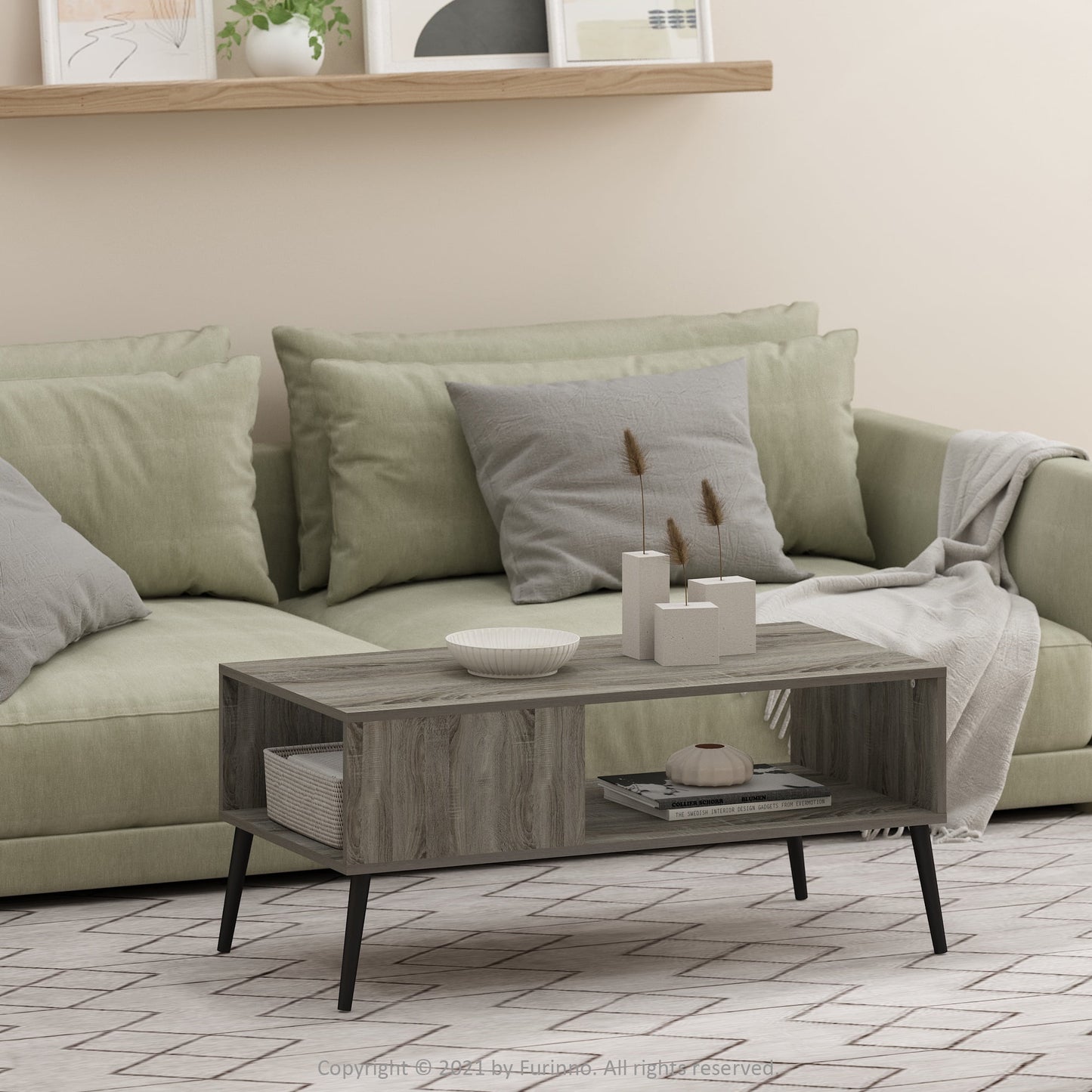 Furinno Claude Mid Century Style Coffee Table with Wood Legs, French Oak Grey