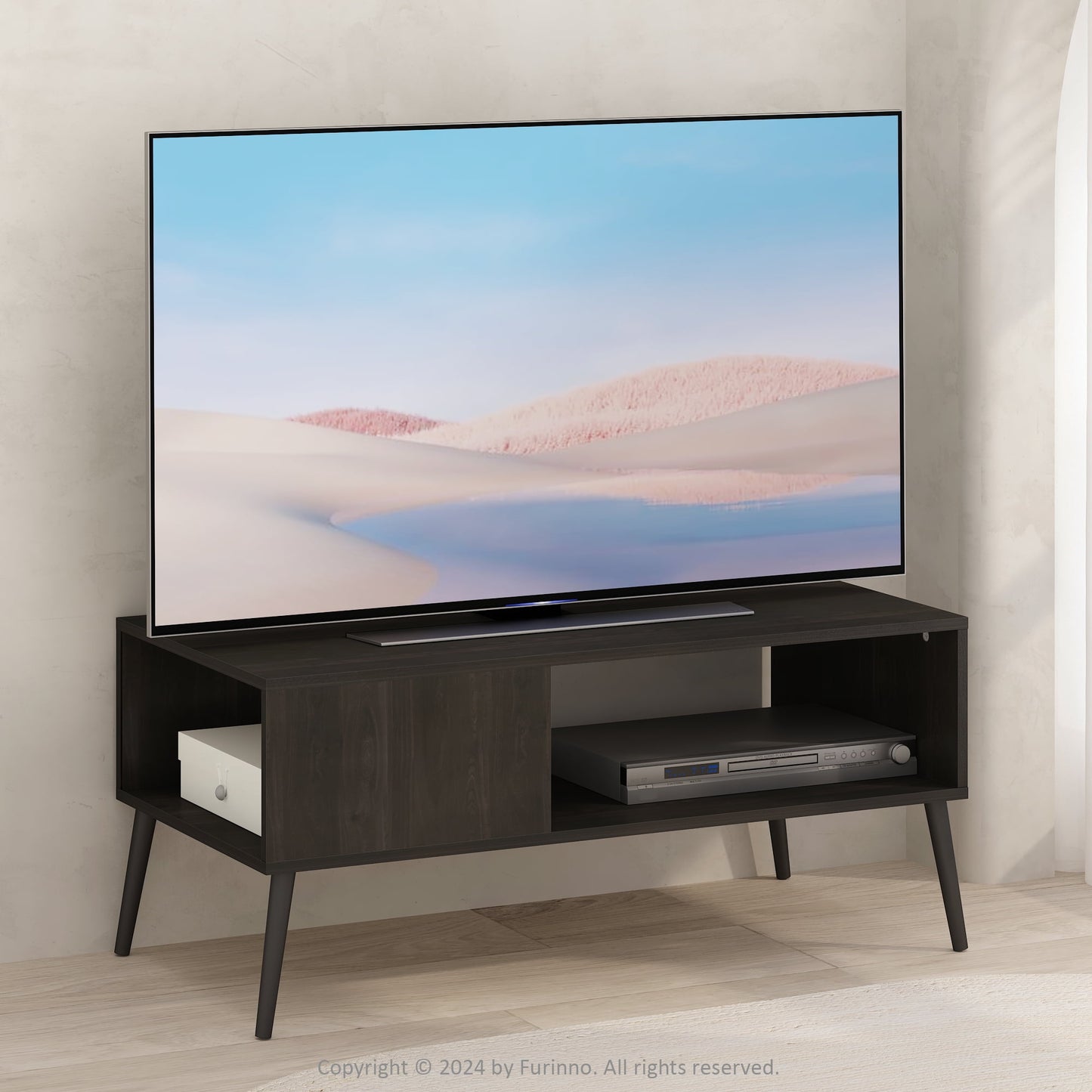 Furinno Claude Mid Century Style TV Stand for TV up to 40 with Wood Legs, Espresso
