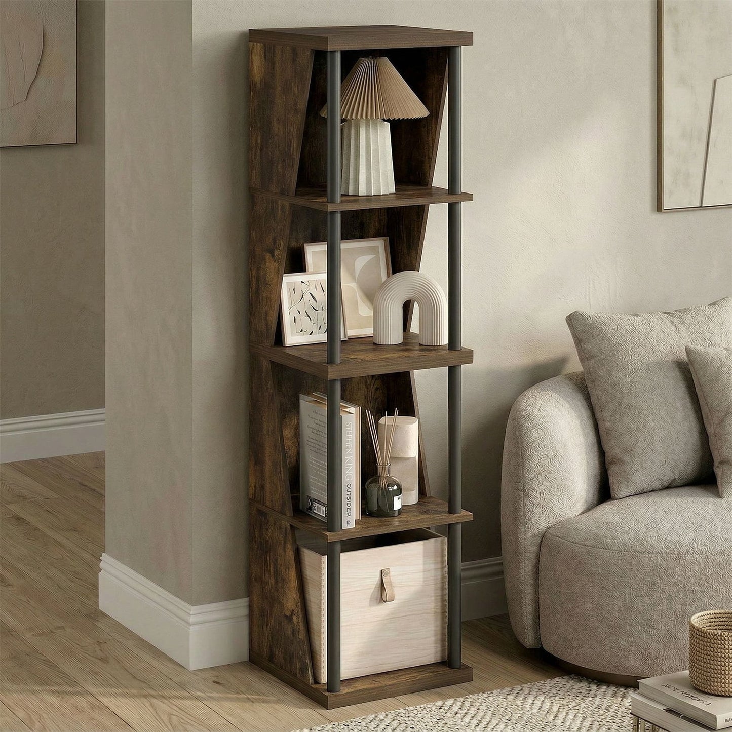 Furinno Estante de Libros Flexible, Librero de 4 Cubos, Librero Geométrico Alto de Pie con Bricolaje Apilable y Separable, 15 x 15 x 58.4, para Sala de Estar, Oficina en Casa, Dormitorio, Pino Ãmbar