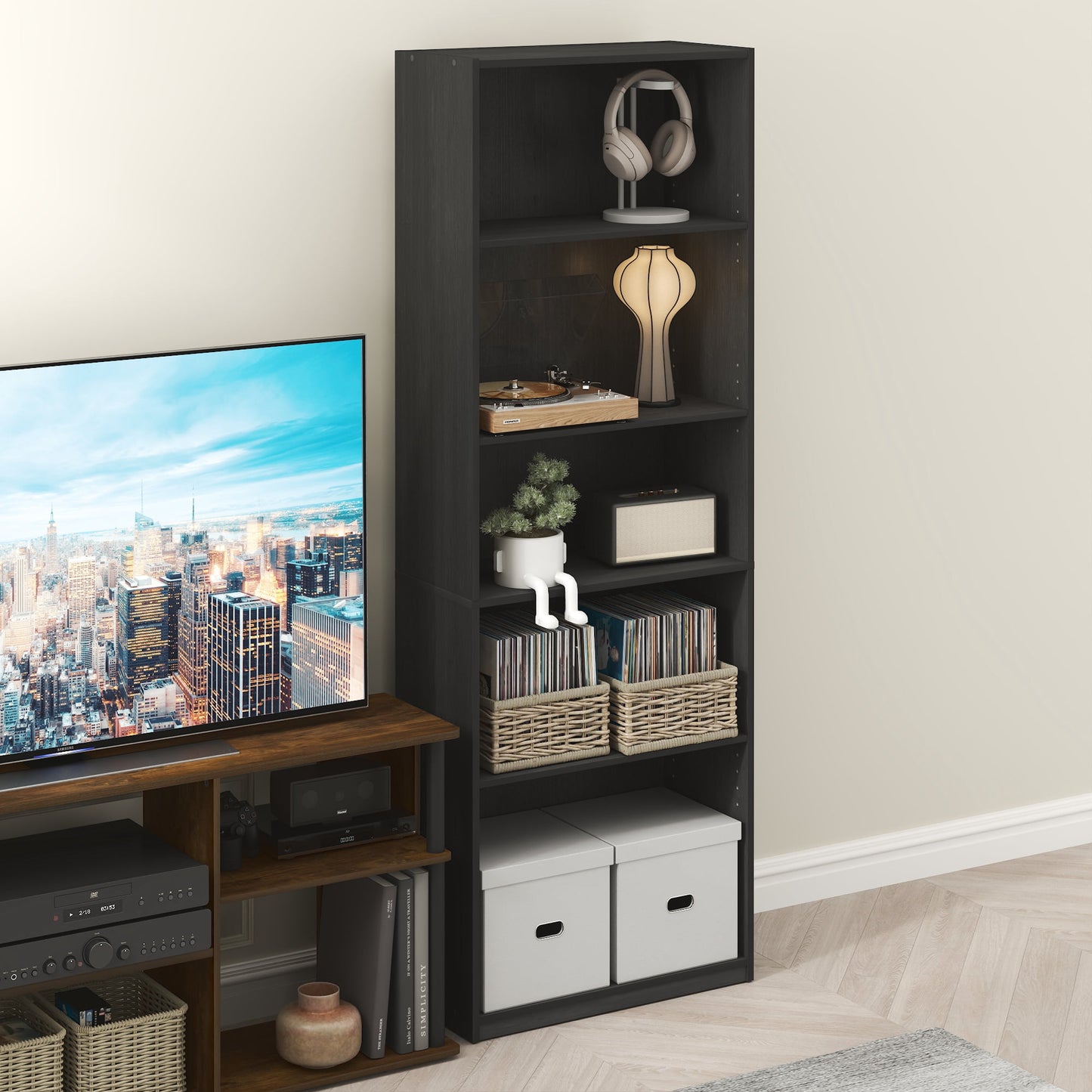 Furinno GEHRY 5-Tier Media Storage with AdJUSTable Shelves in Blackwood
