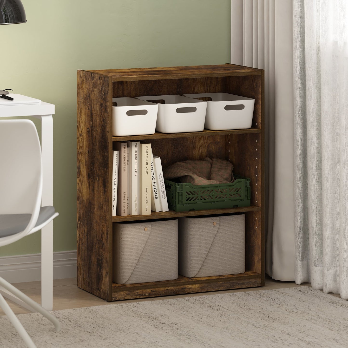 Furinno Gehry 3-Tier Bookcase, Bookshelf with Adjustable Shelves, Amber Pine
