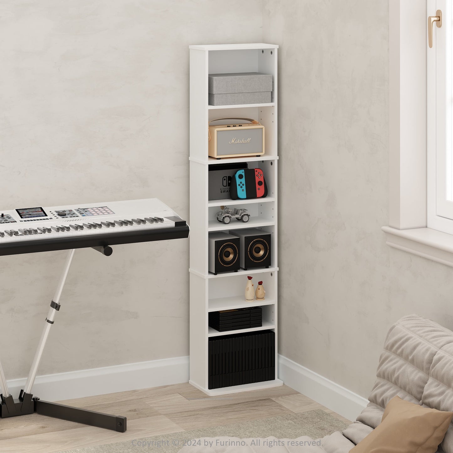 Furinno JAYA 9-Shelf Multimedia Media Storage Tower Rack with Adjustable Shelves, White