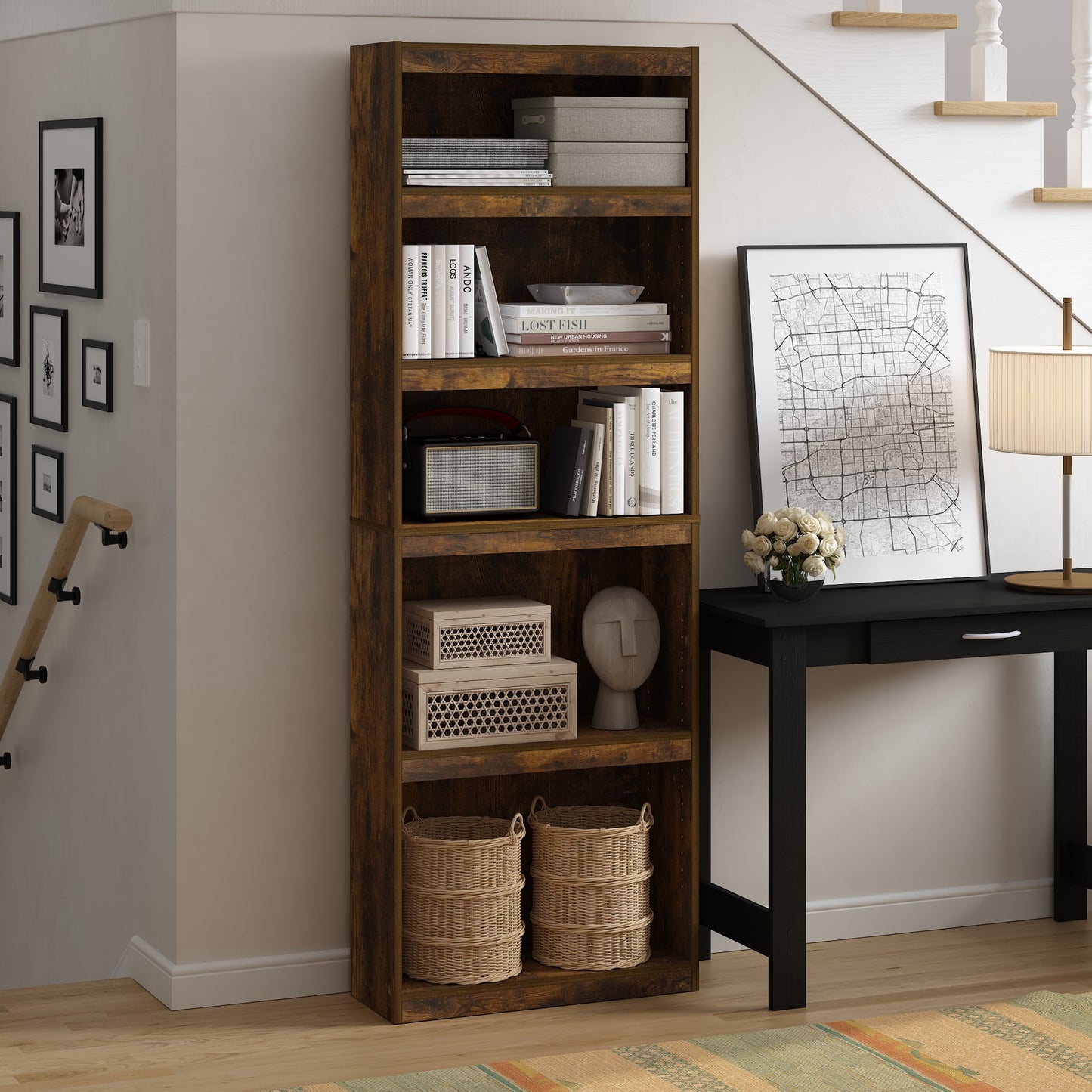 Furinno JAYA 5-Tier Bookshelf with AdJUSTable Shelves in Amber Oak