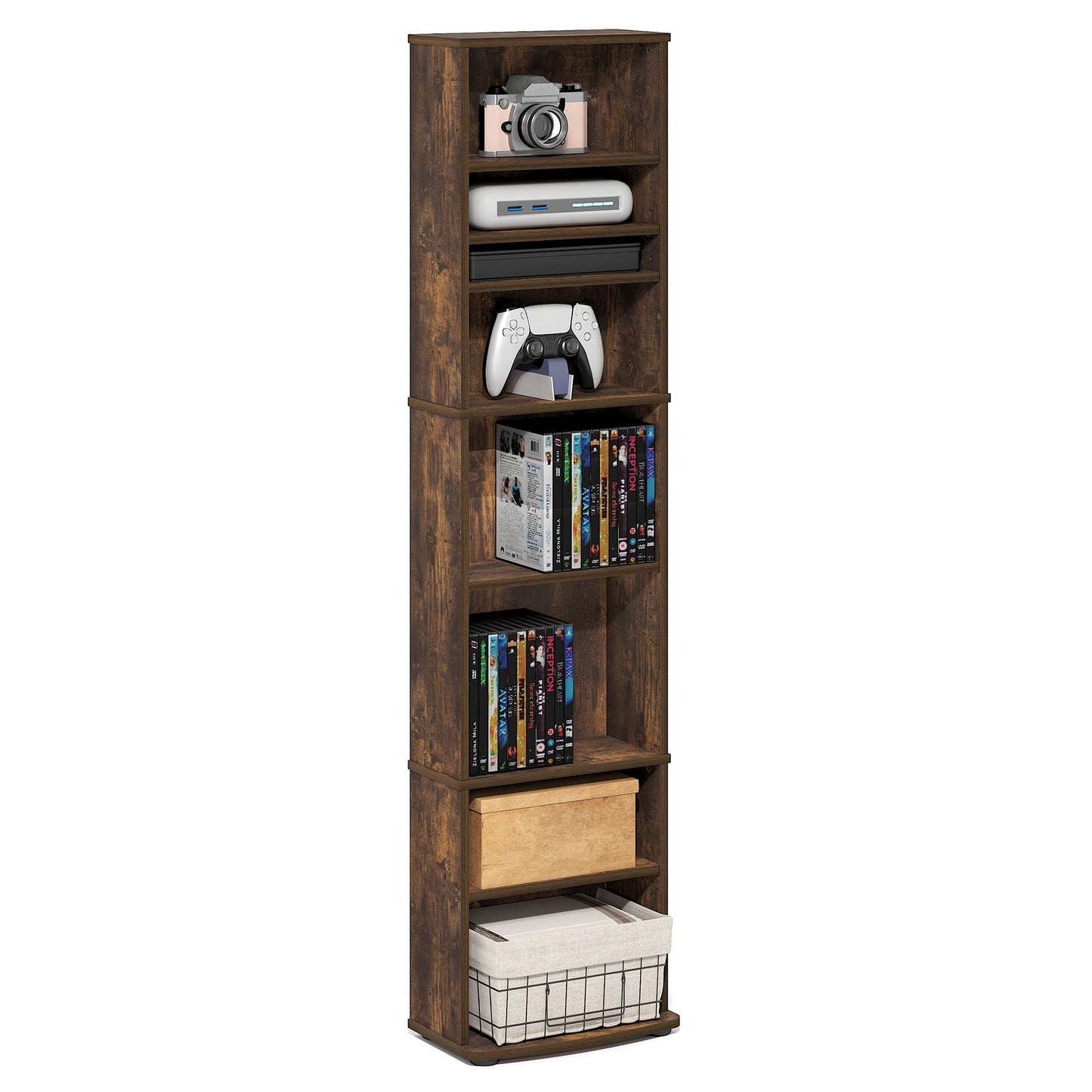 Furinno JAYA DVD 8-Tier Tall AdJUSTable Shelves Narrow Media Shelf Amber Pine