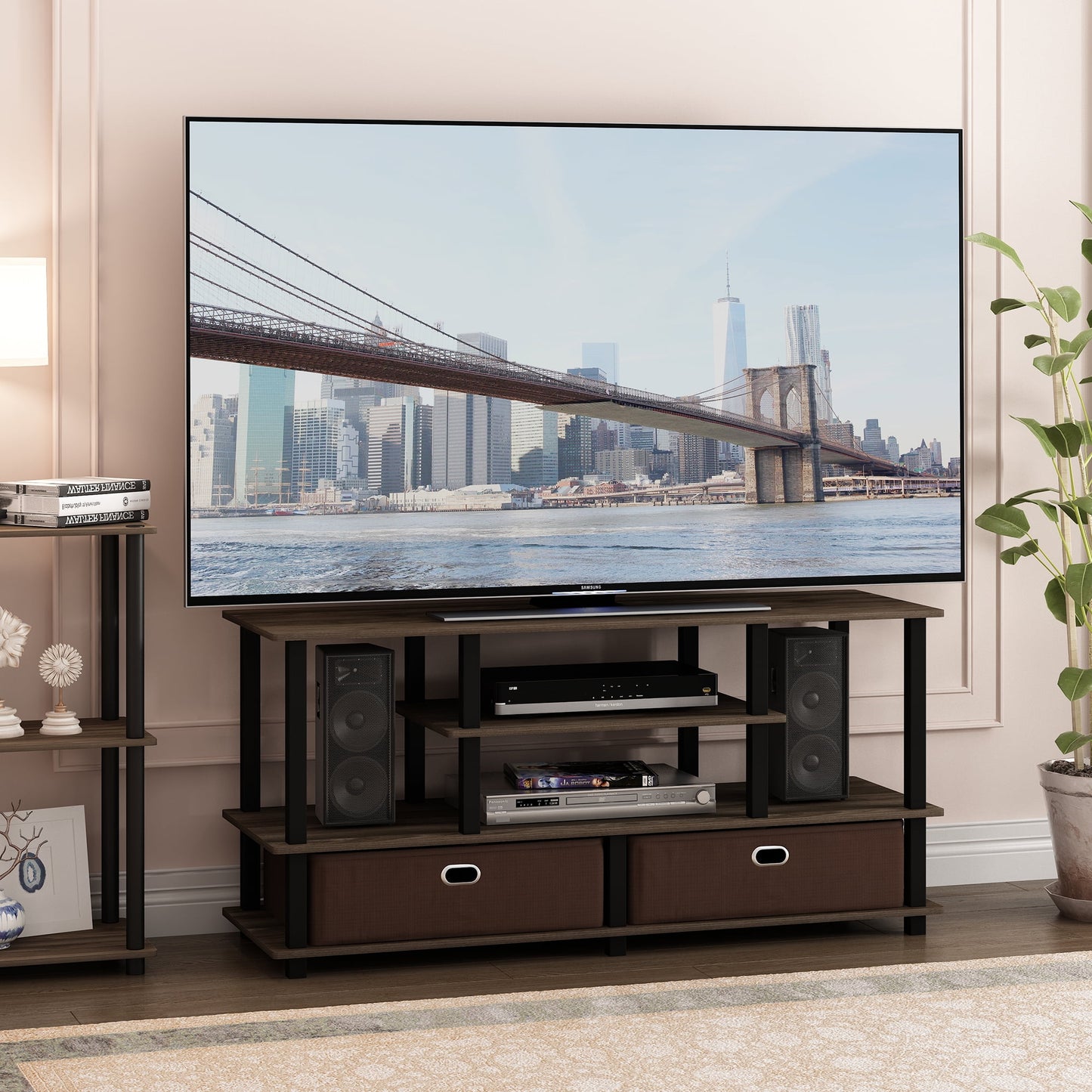 Furinno JAYA Large TV Stand for up to 55-Inch TV with Storage Bin, Columbia Walnut/Black/Dark Brown