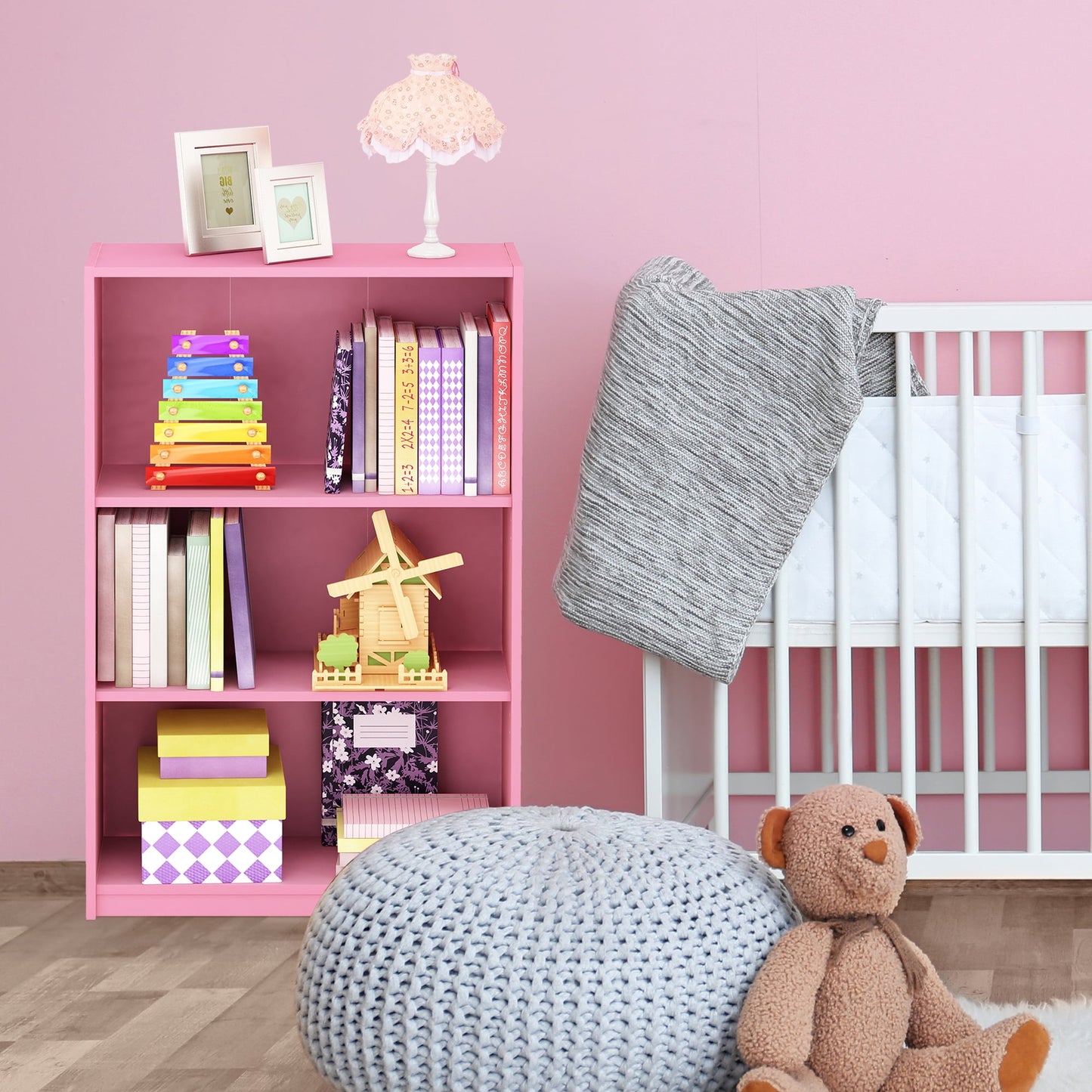 Furinno JAYA Simple Home 3-Tier Adjustable Shelf Bookcase, Pink