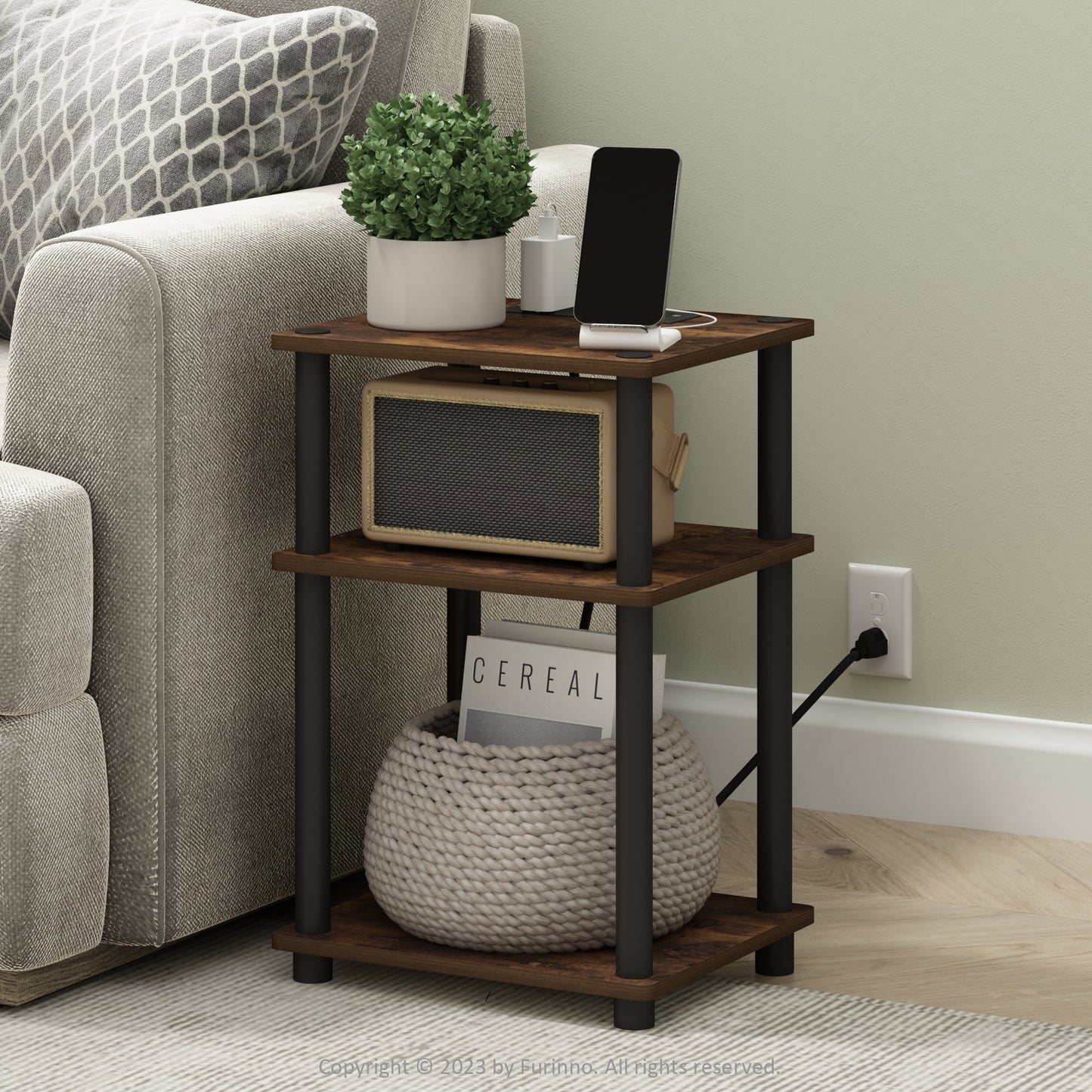 Furinno Just 3-Tier Turn-N-Tube USB and Type-C Charging Port End Table with Open Storage, Amber Pine/Black