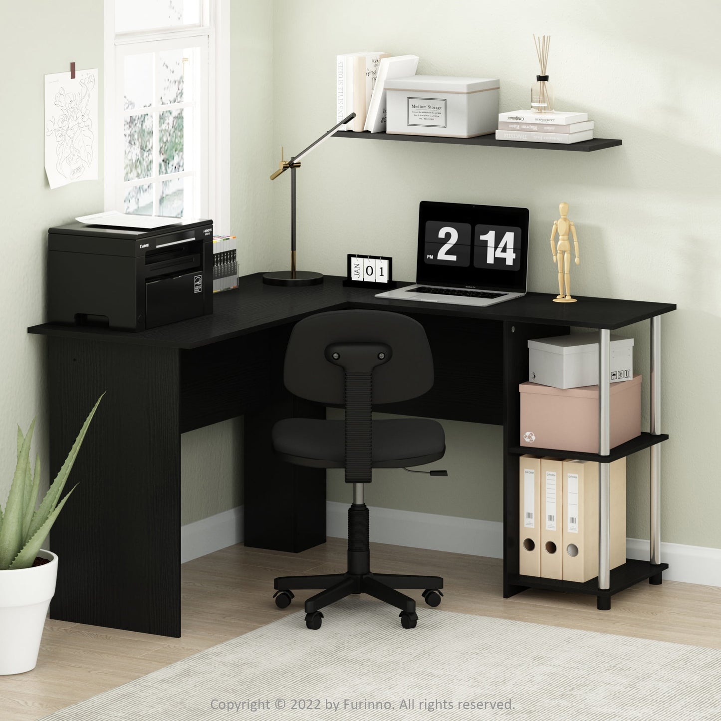 Furinno L-Shape Desk with Stainless Steel Tubes, Americano