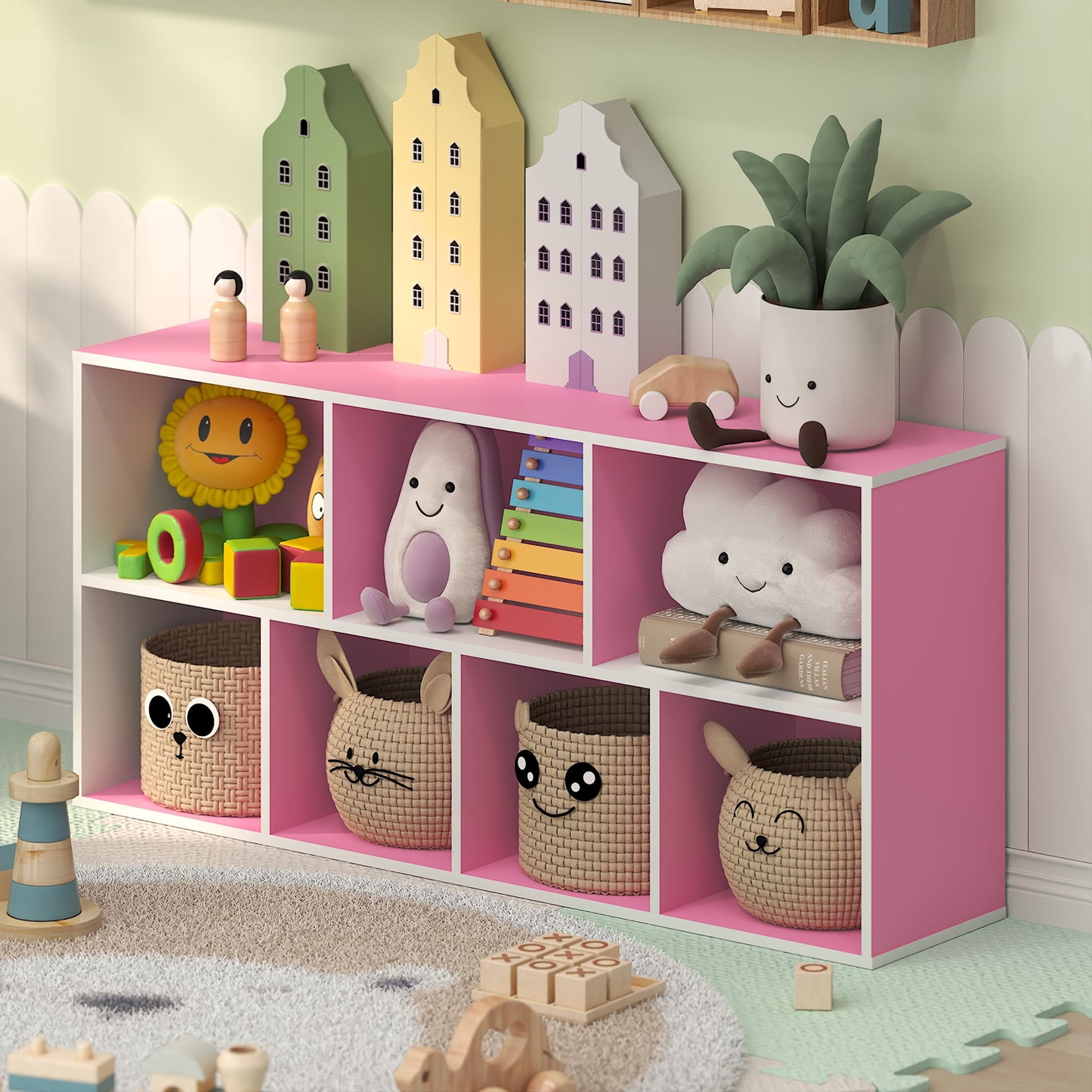 Furinno LUDER 7-Cube Pink Cube Storage Organizer. Bookcase. White/Pink