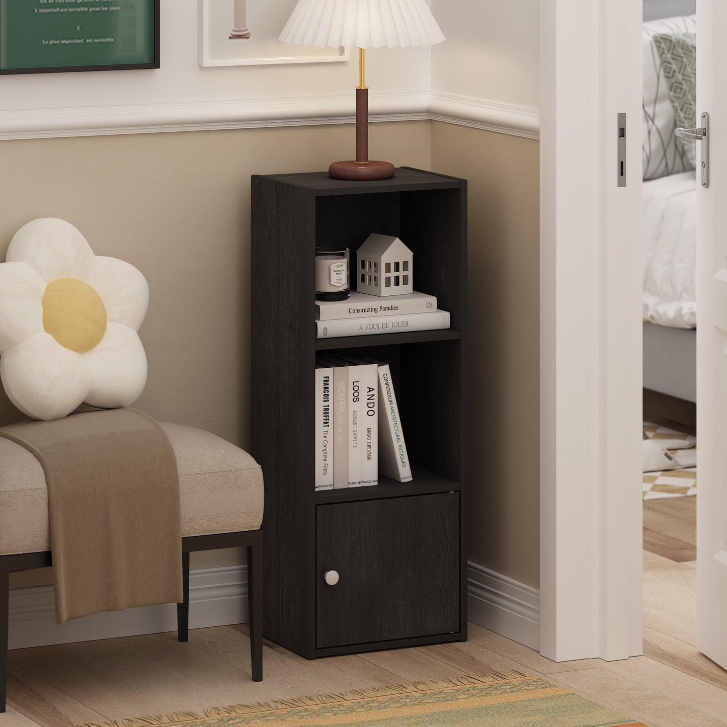Furinno LUDER Book Shelf, 3-Tier Modern Bookshelf, Bookcase with 1 Door Storage Cabinet, 9.3 x 12 x 31.5, for Living Room, Bedroom, Home Office, Plain White