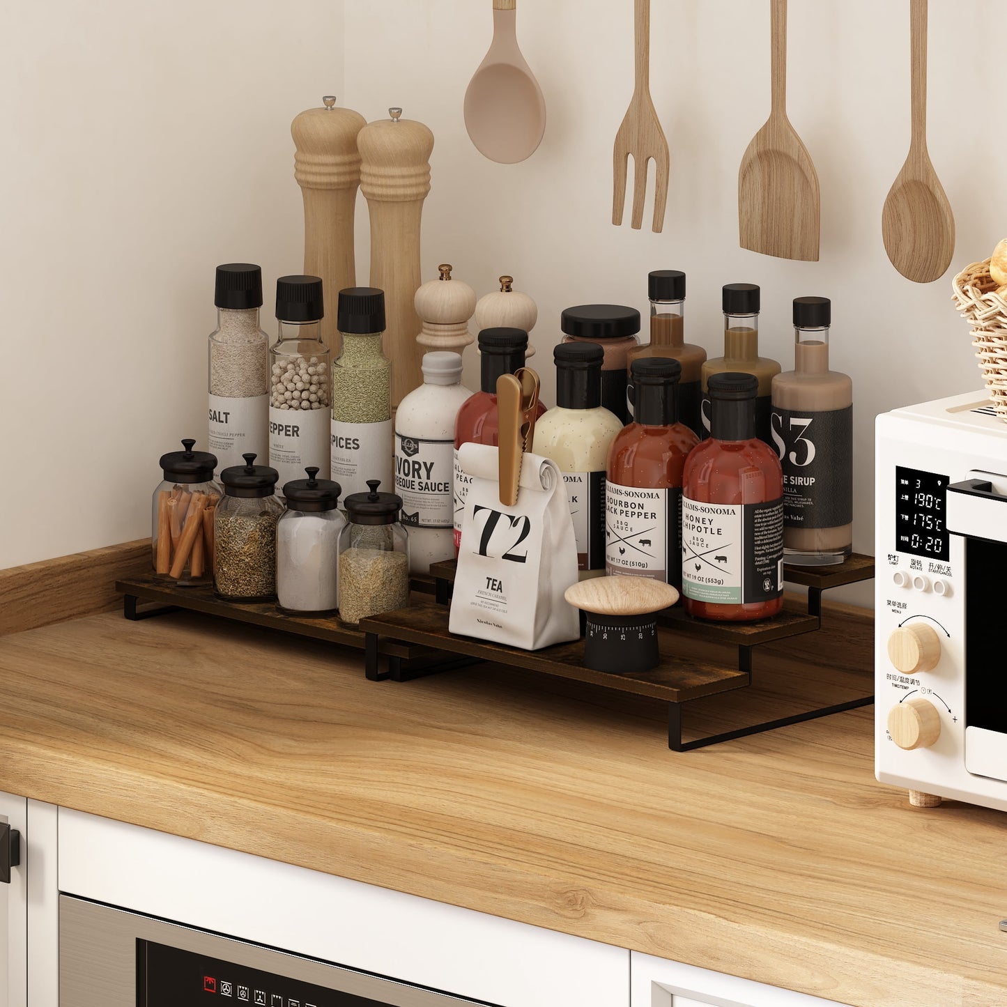 Furinno Ravel 3-Tier Nestable Spice Rack Organizer in Set of 2 Amber Pine