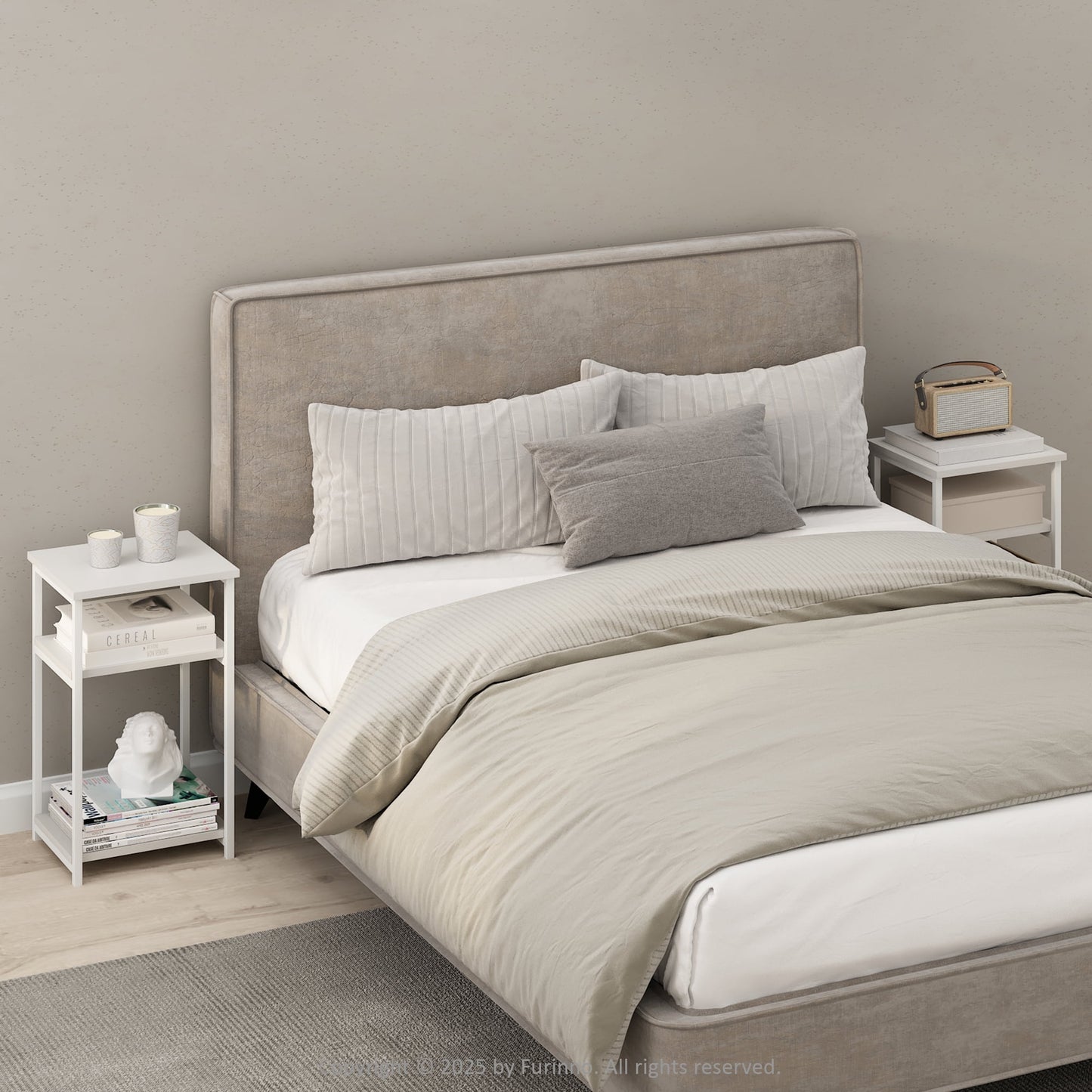 Furinno Simplistic Industrial Metal Frame Nightstand, Bedside Table, 2-Pack, White/White