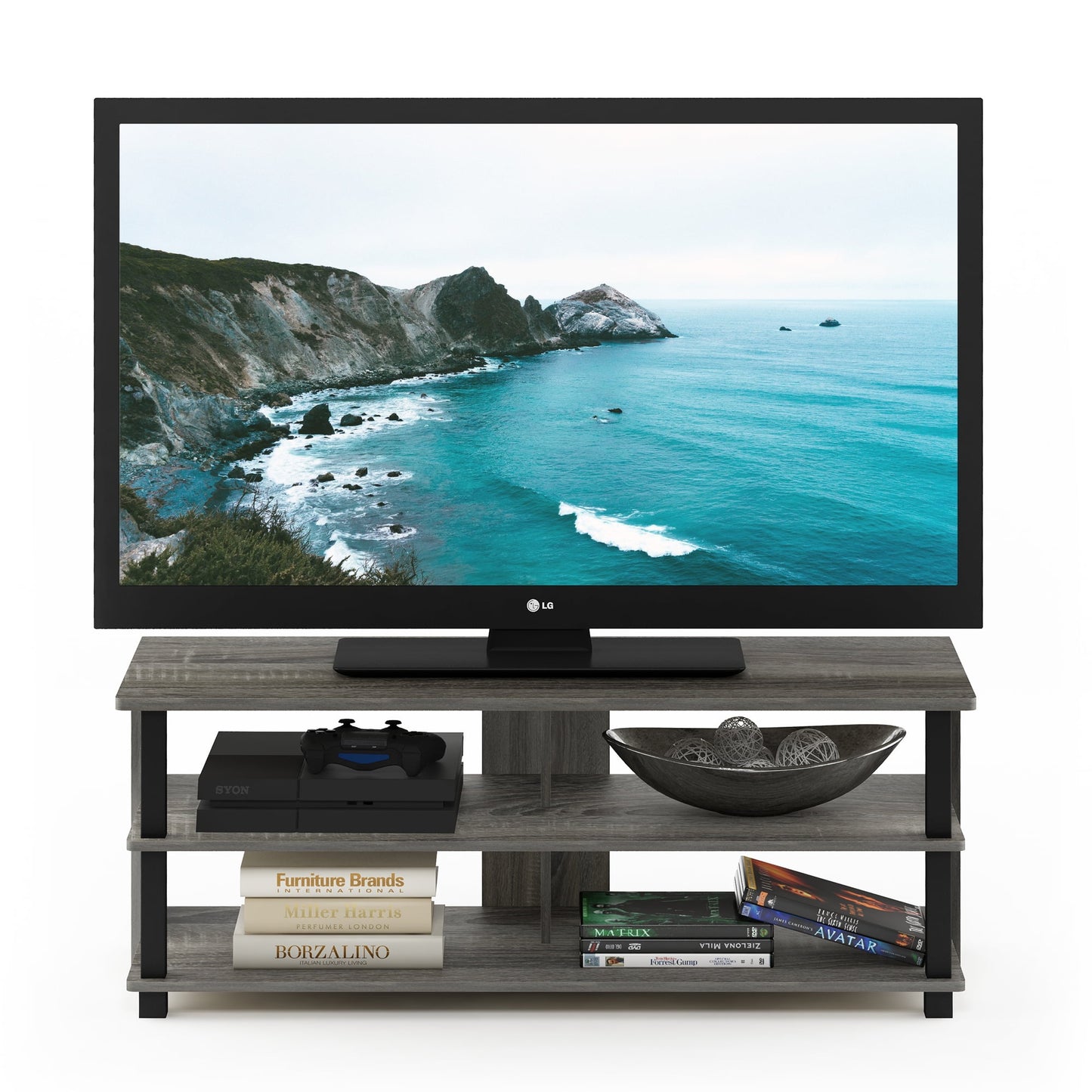 Furinno Sully 3-Tier TV Stand for TV up to 50 , French Oak Grey/Black, 17077GYW/BK